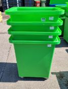 4x Green storage bins on castors - dimensions: 67 x 50 x 79cm