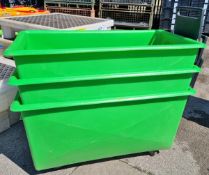 3x Storage tubs with handle on castors - dimensions: 135 x 68 x 70cm