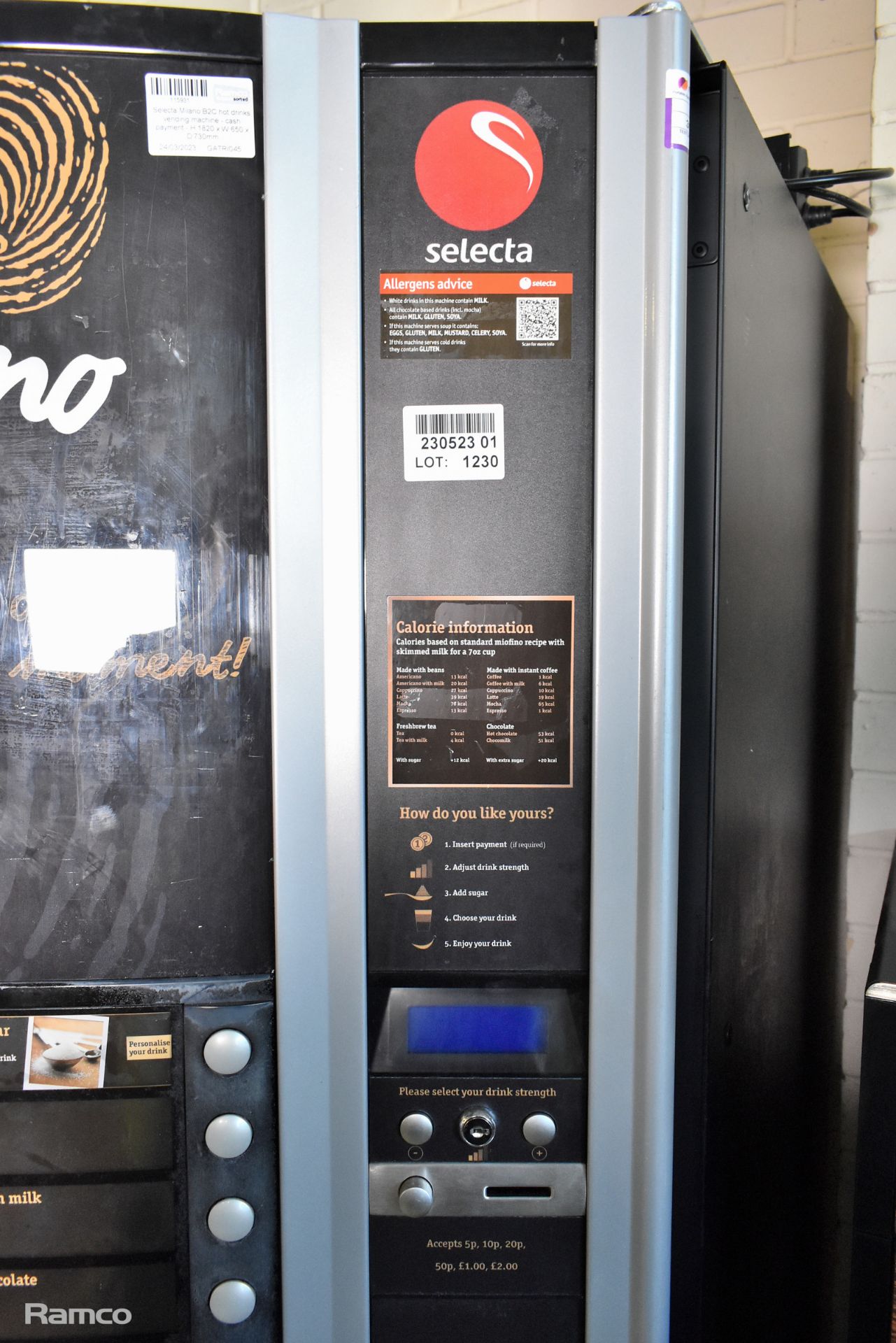 Selecta Milano B2C hot drinks vending machine - cash payment - H 1820 x W 650 x D 730mm - NO KEYS - Image 2 of 9