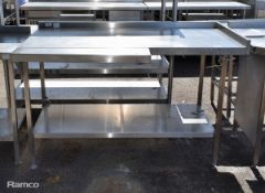 Stainless steel right corner worktop with lip to right, extension on front left and shelf below