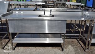 Stainless steel sink unit with double taps and shelf below - W 210 x D 65 x H 90cm (105cm with taps)