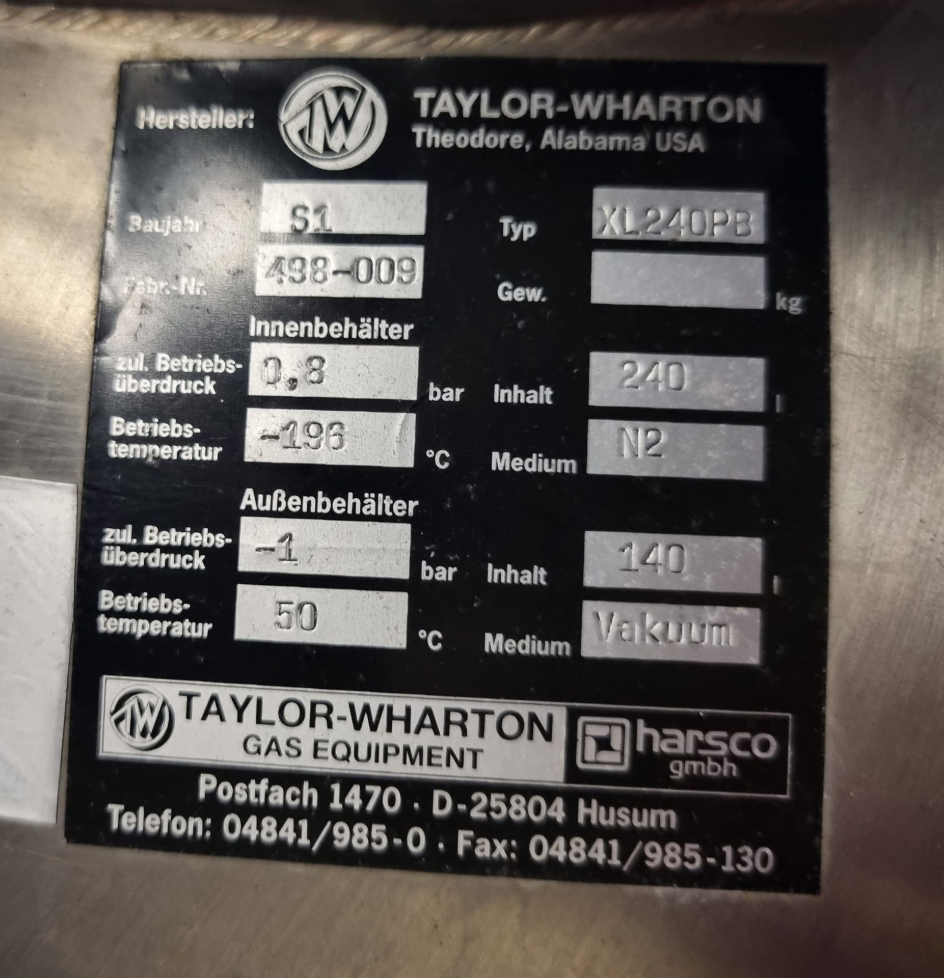 Taylor Wharton XL240PB LN2 laboratory cylinder - 240 ltr - 0.8 bar - Image 5 of 6