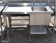 Stainless steel sink unit - deep sink with 2 taps on right side and shelf beneath on right