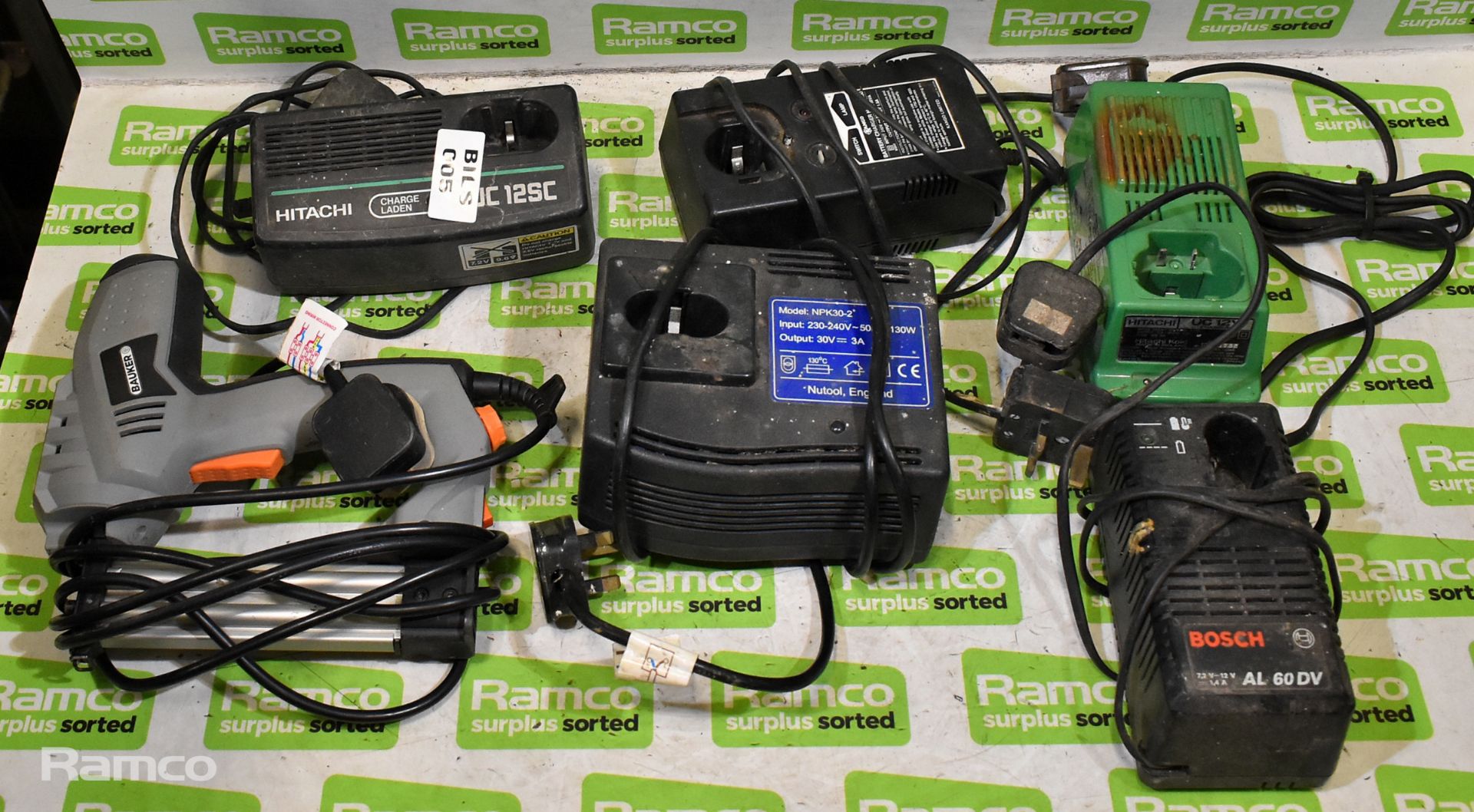 5x Cordless battery chargers - Bosch, Hitachi & Kango & 1x Bauker PCT162 Nail gun - 220/240V