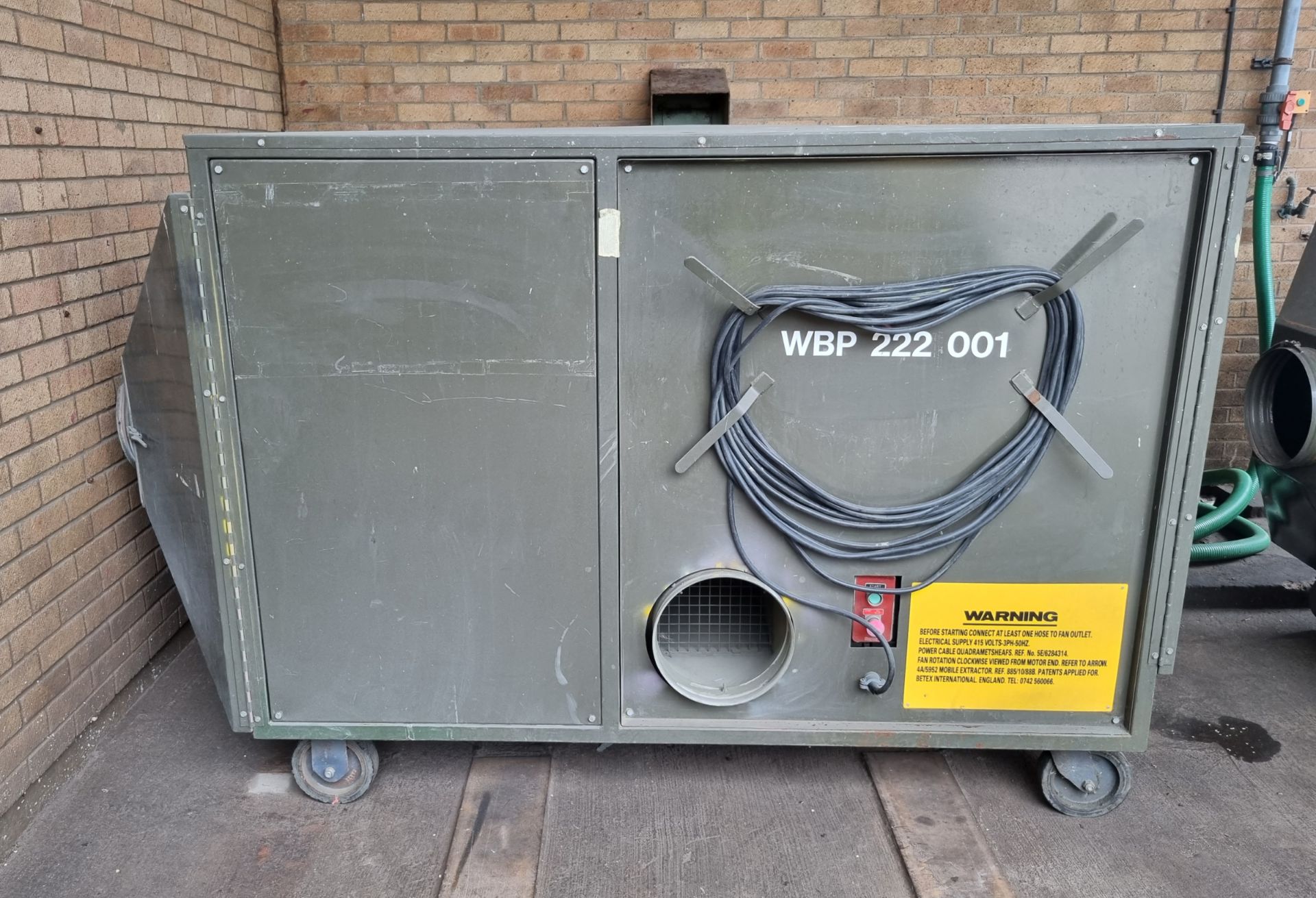 Mobile extraction unit with 4x 12 inch air hose ducting assemblies - L 2460 x W 1300 x H 1600mm