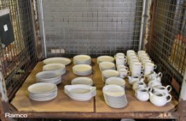 White table side plates, oval dishes, bowls, small coffee cup, small teapot