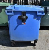 Large blue plastic wheelie bin - cracked lid - L 1200 x W 1000 x H 1300mm - blue