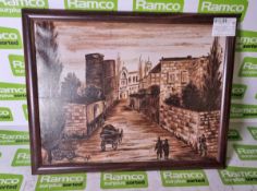 Framed canvas print of side street with horse and cart - W 46 x D 2 x H 36cm