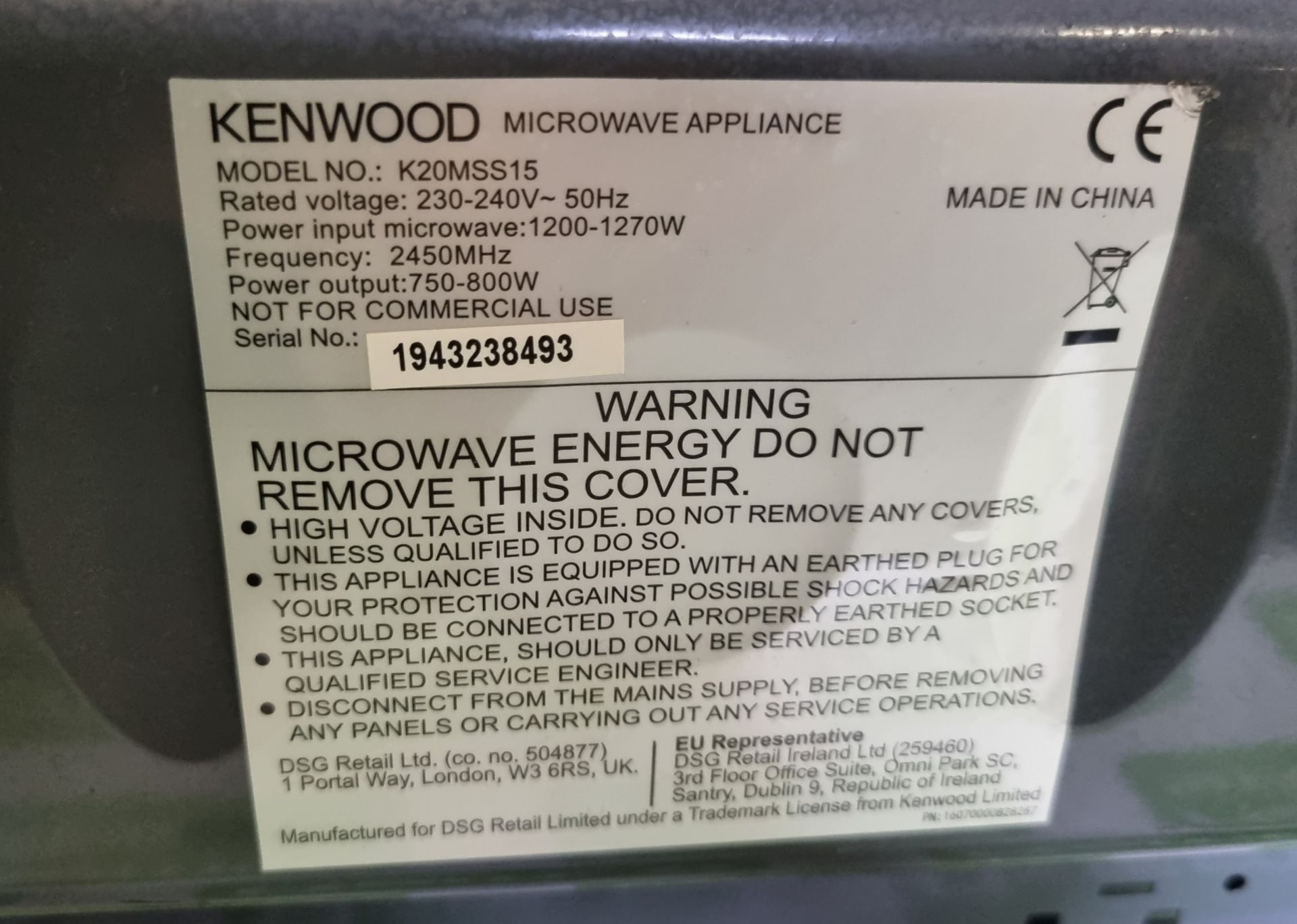 Kenwood K20MMS15 - stainless steel 800W microwave oven - 230V - W 430 x D 360 x H 260 mm - Image 5 of 5