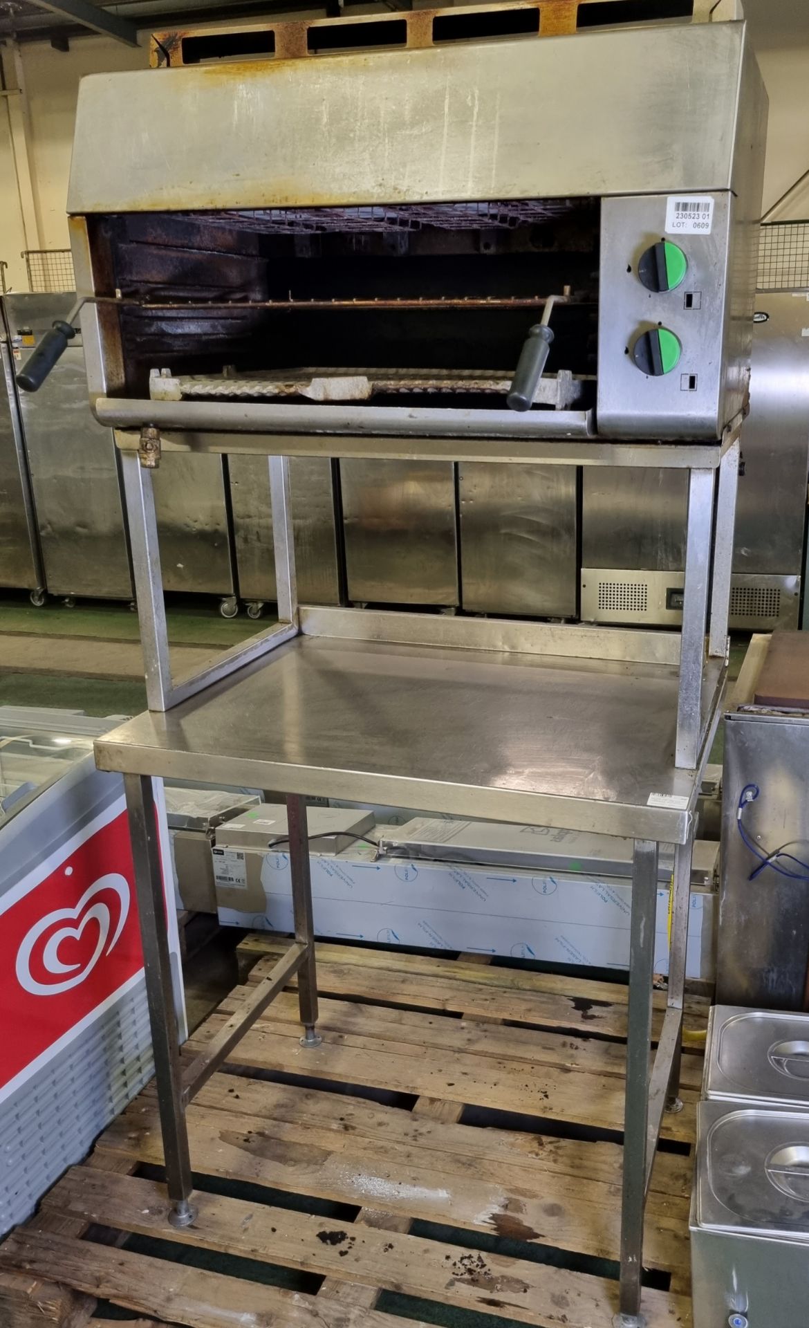 Stainless steel work table with gas grill on upper shelf - dimensions: 90 x 70 x 190cm - Image 2 of 3