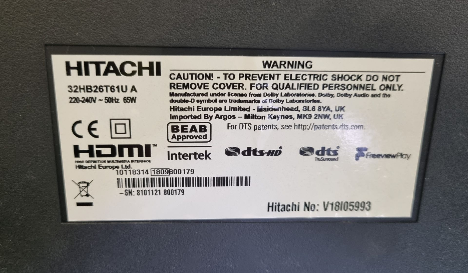 Hitachi 32HB26T61U colour tv monitor - W730 x D 90 x H 430 mm - Image 3 of 3
