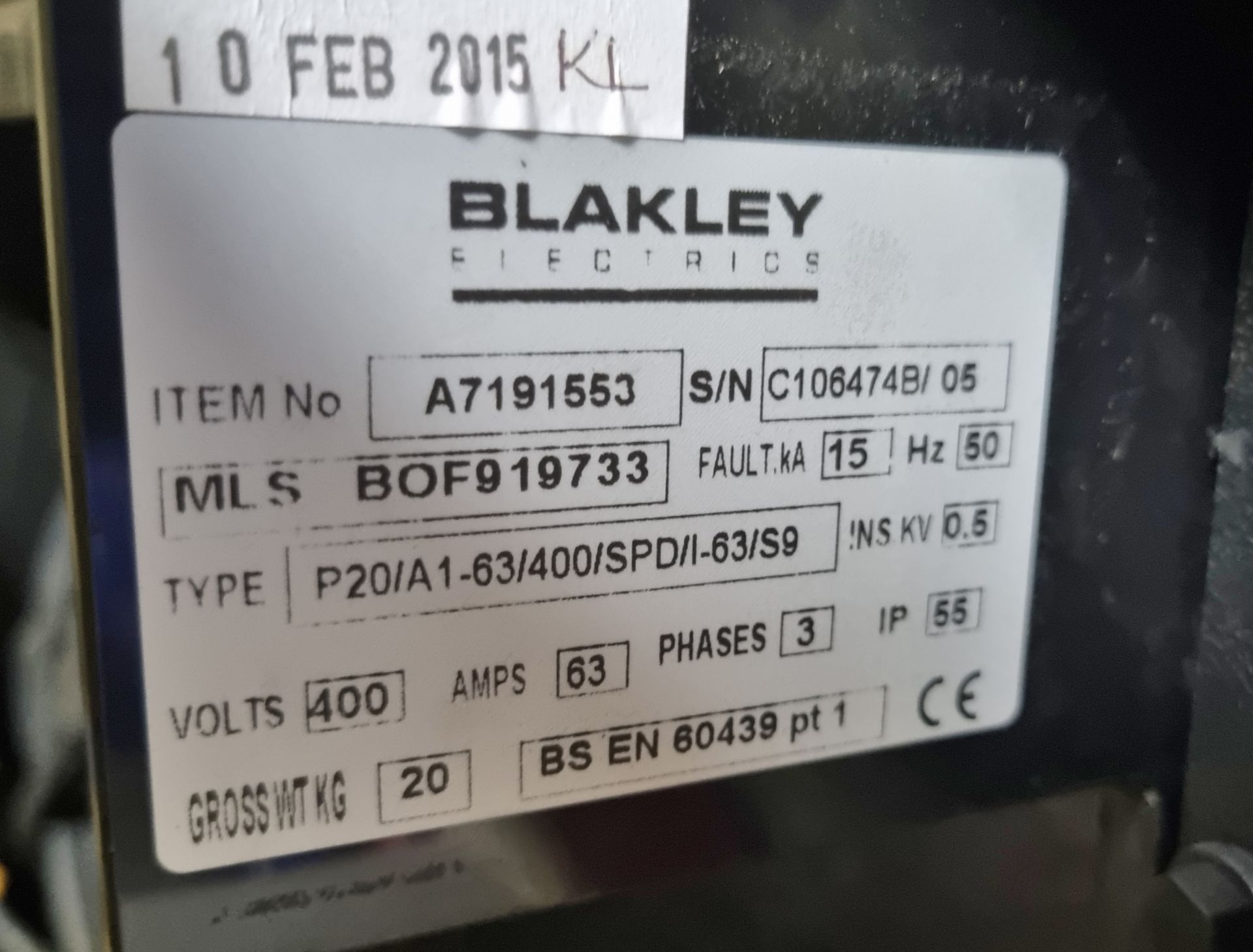 Blakley Electrics P20/A1-63/400/SPD/I-63/S6 power distribution box - 400V - 63A - 3ph - 50hz - Image 3 of 3