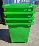 4x Green storage bins on castors - dimensions: 67x50x79cm