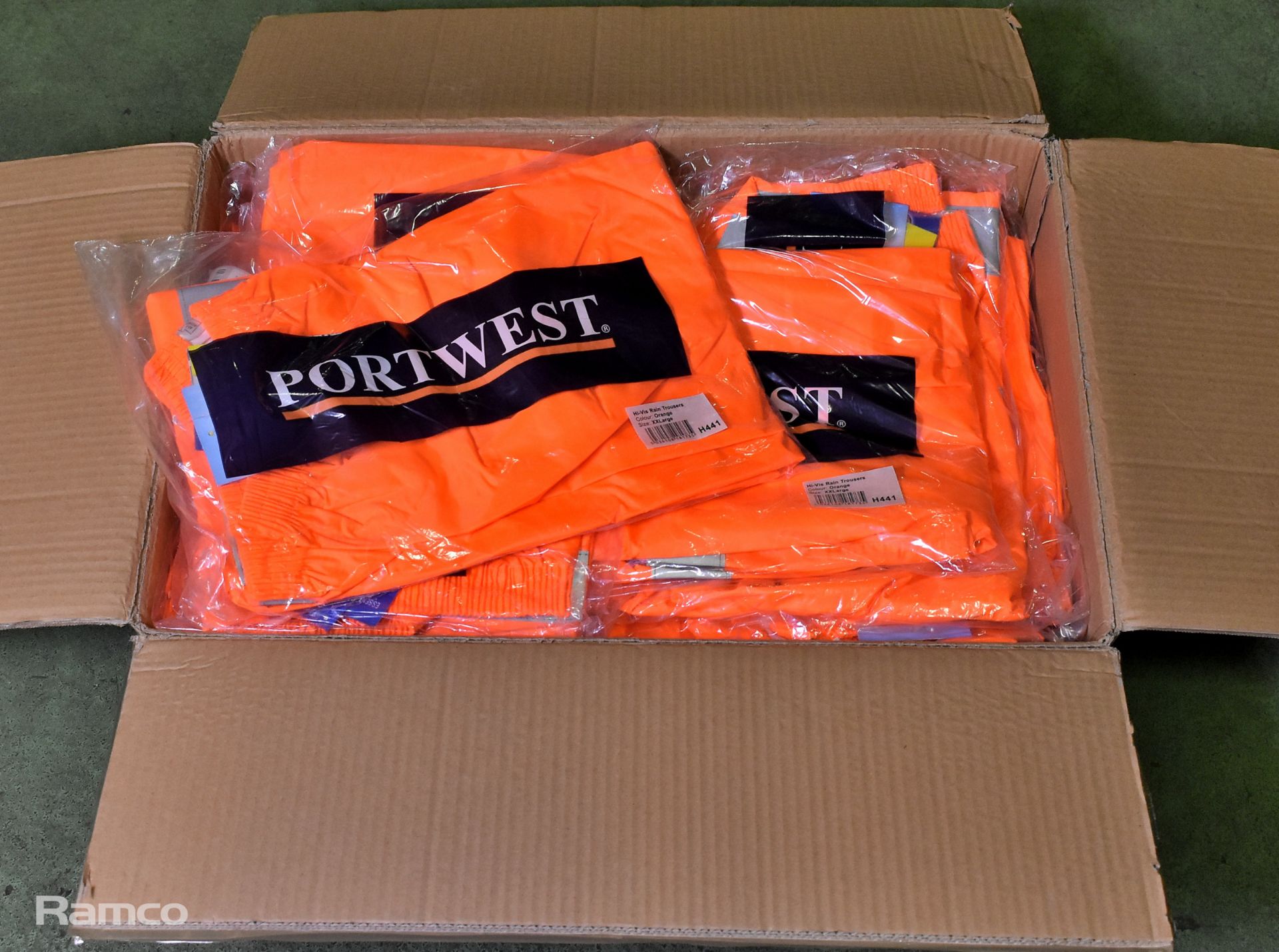 15x pairs of Portwest Hi-Vis orange rain trousers - XXLarge