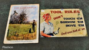 Tin plate sign - '' Tool Rules '' 70 x 50cm, Tin plate sign - '' The Game Keeper '' 70 x 50cm