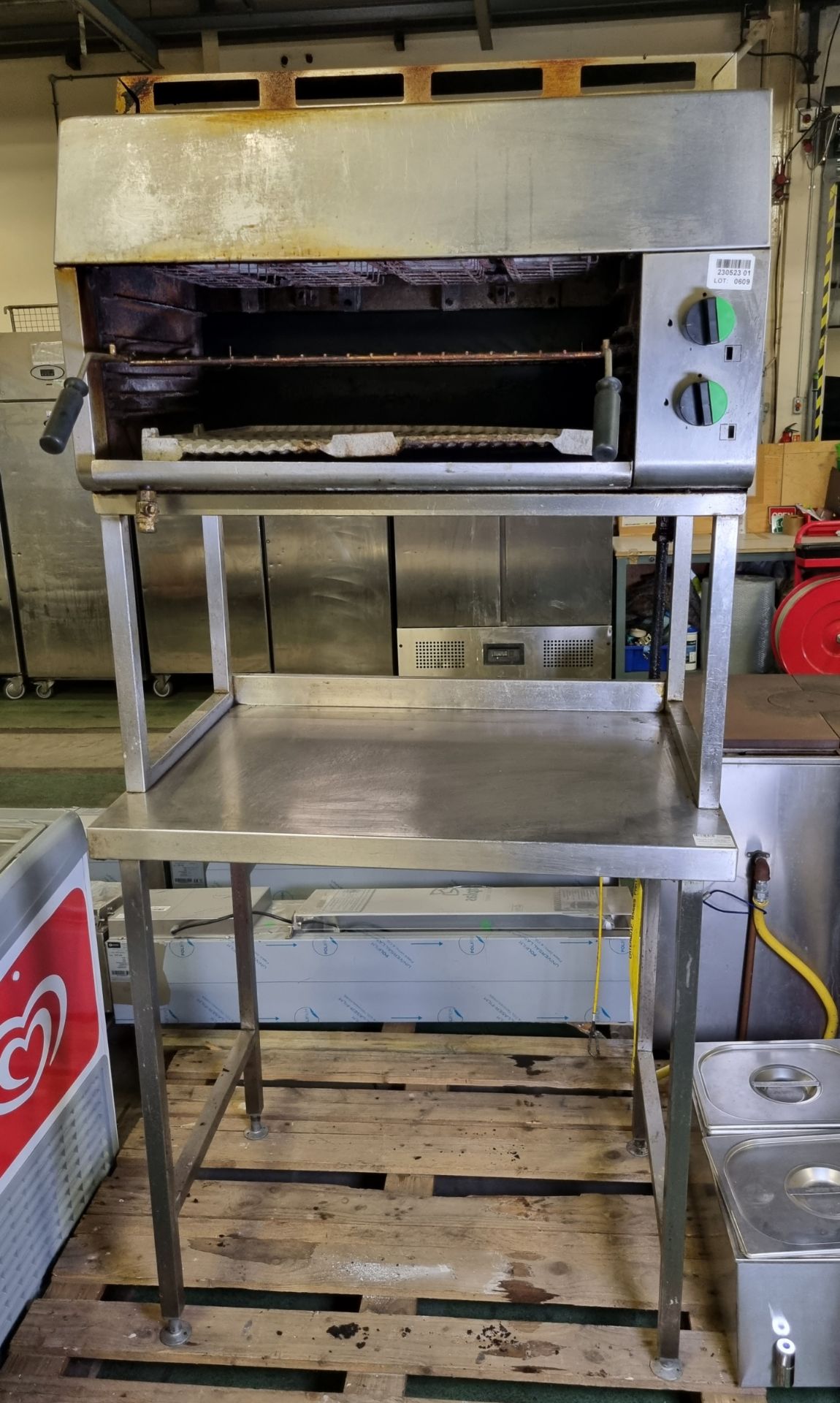 Stainless steel work table with gas grill on upper shelf - dimensions: 90 x 70 x 190cm
