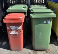 3x Green plastic wheelie bins, 1x Red plastic wheelie bin