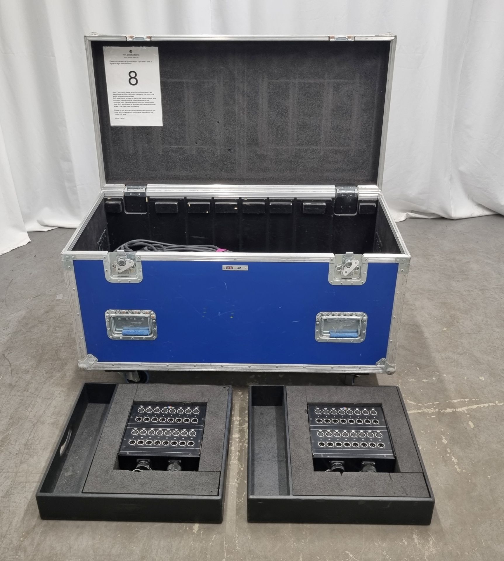 2x 16 input and output XLR stageboxes with multicore loom and mains cable in flight case on wheels - Bild 4 aus 8