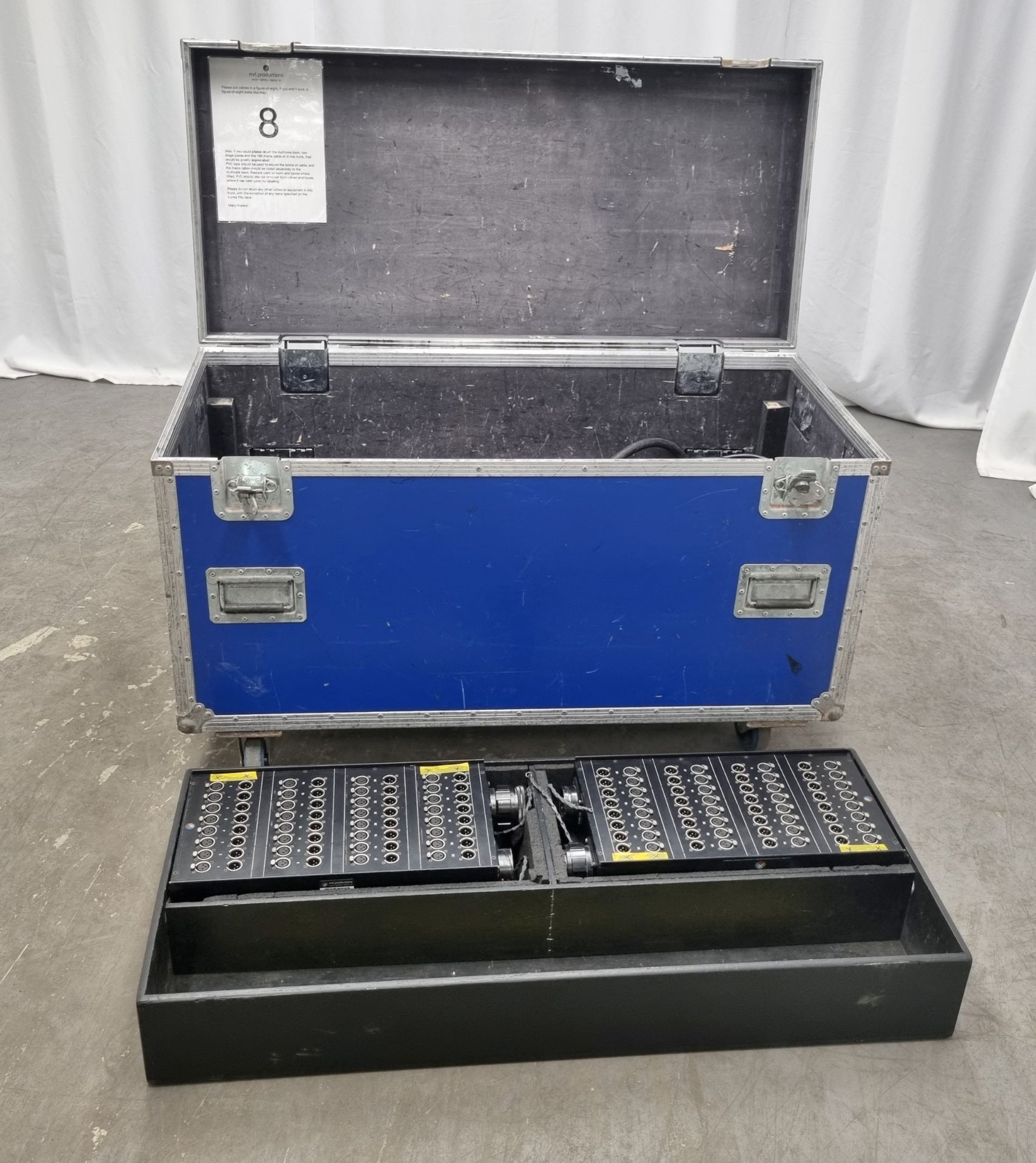 2x 32 input and output XLR stageboxes with multicore loom and mains cable in flight case on wheels - Bild 6 aus 7