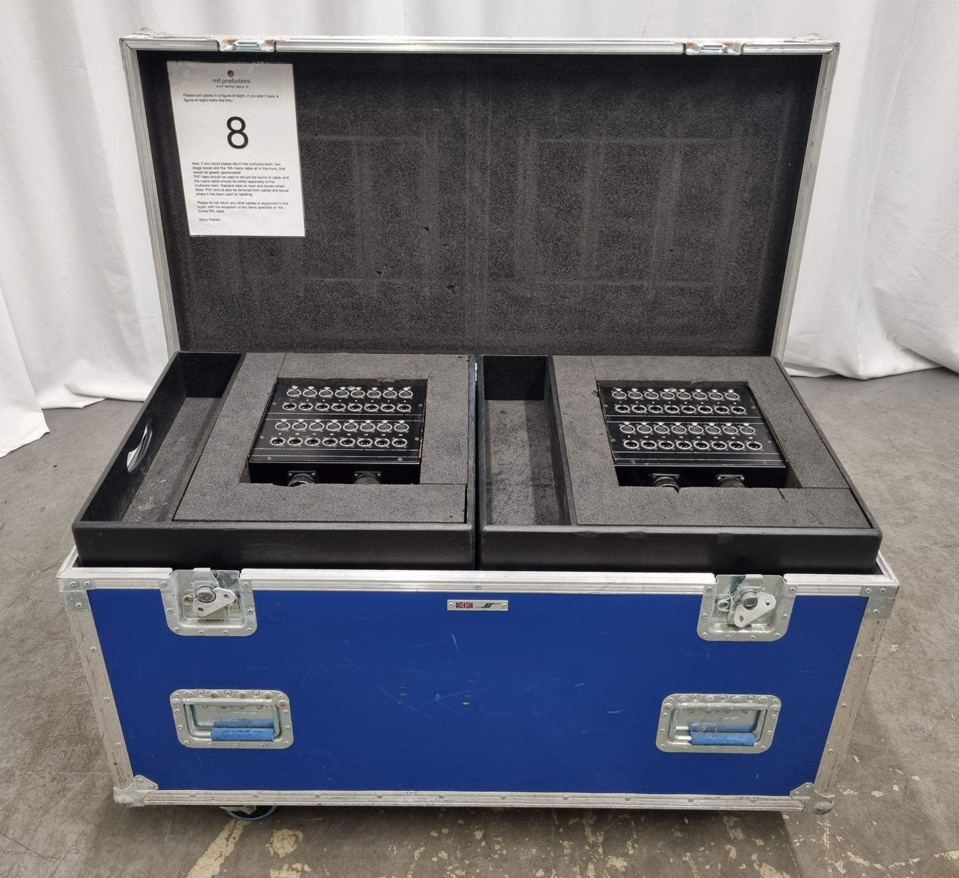 2x 16 input and output XLR stageboxes with multicore loom and mains cable in flight case on wheels