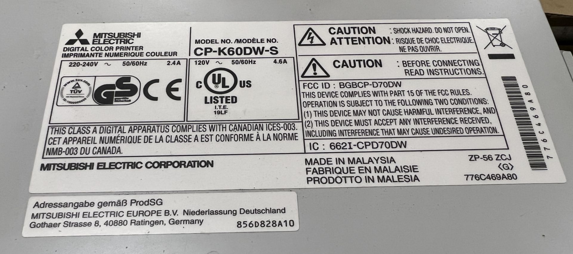 Mitsubishi CP-K60DW-S digital colour printer with 6x Mitsubishi CK-K76R paper and ink ribbon sets - Image 3 of 9