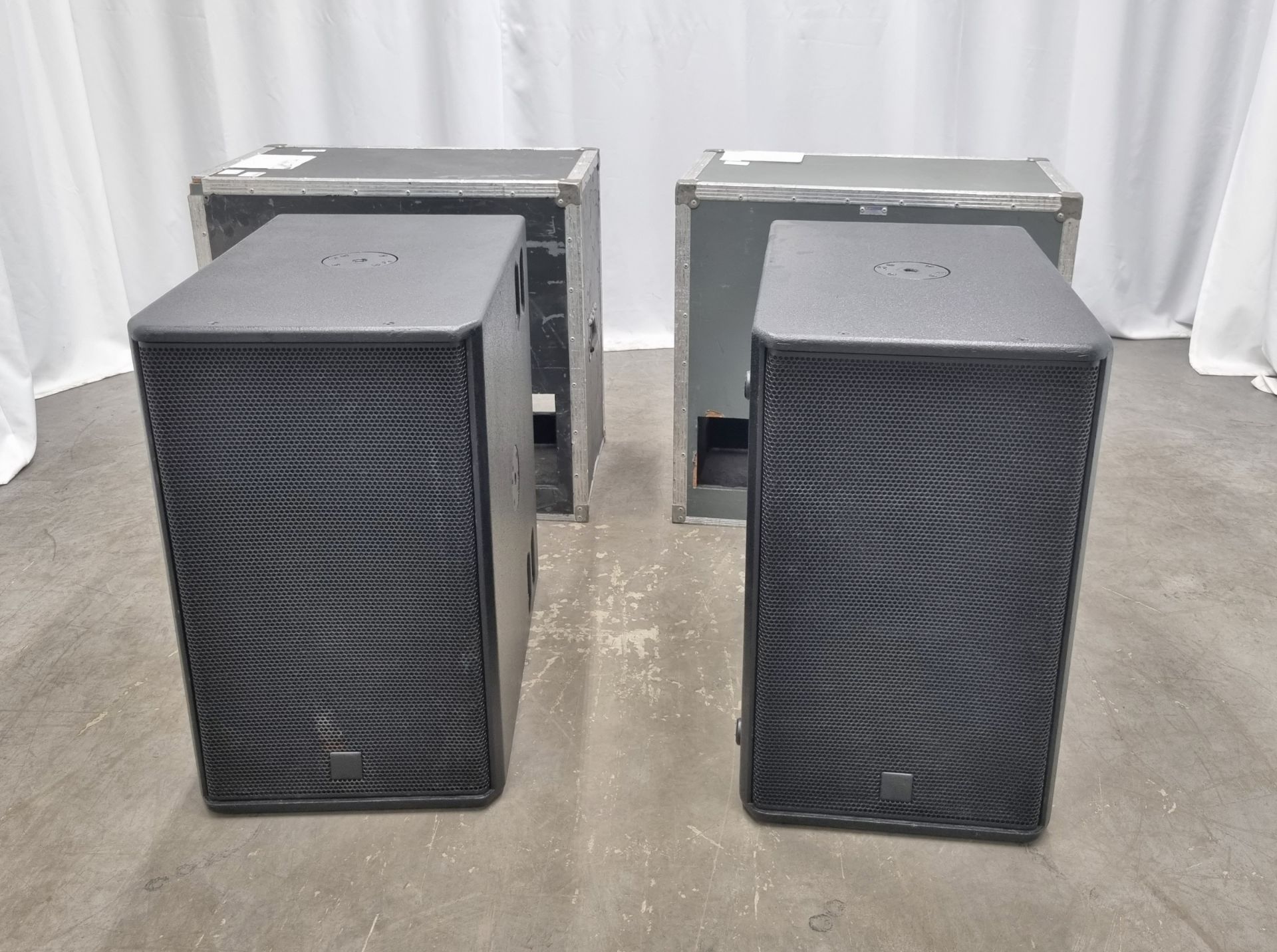 2x Logic LS300 15 inch subwoofer speakers in flight case