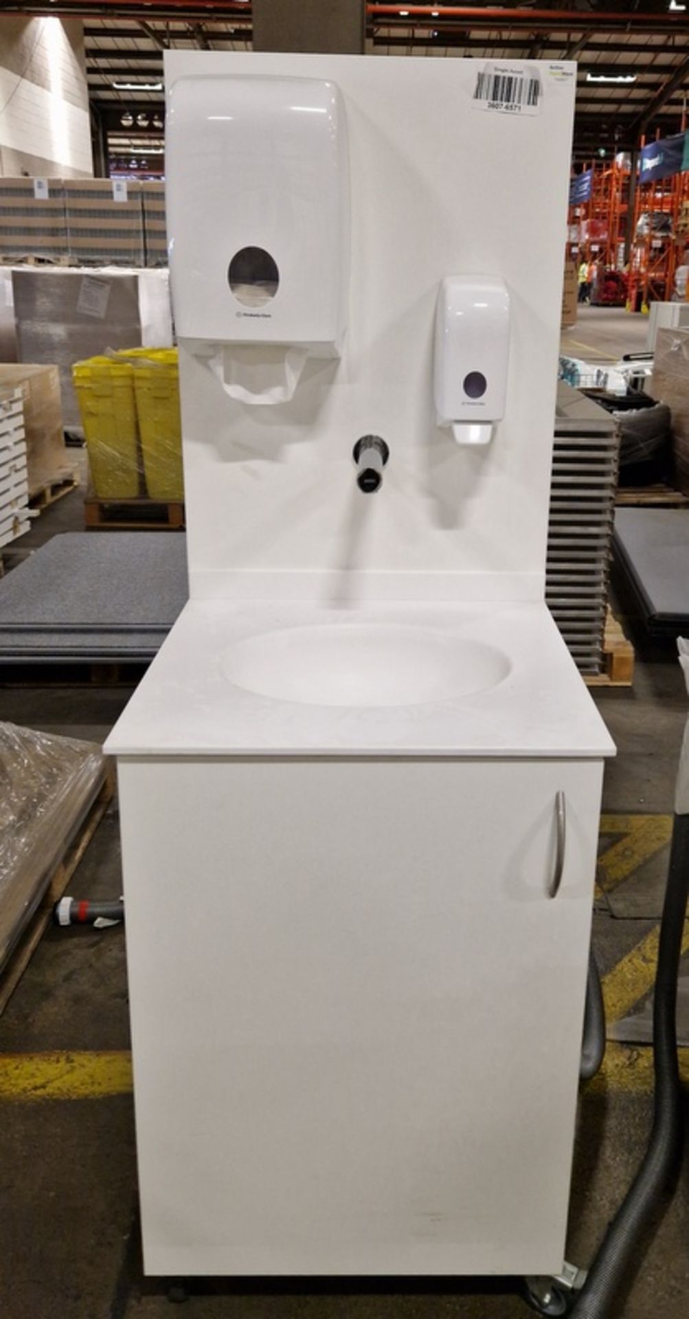 Approx 38 pallet spaces of free standing hand wash stations – itemised list in the description
