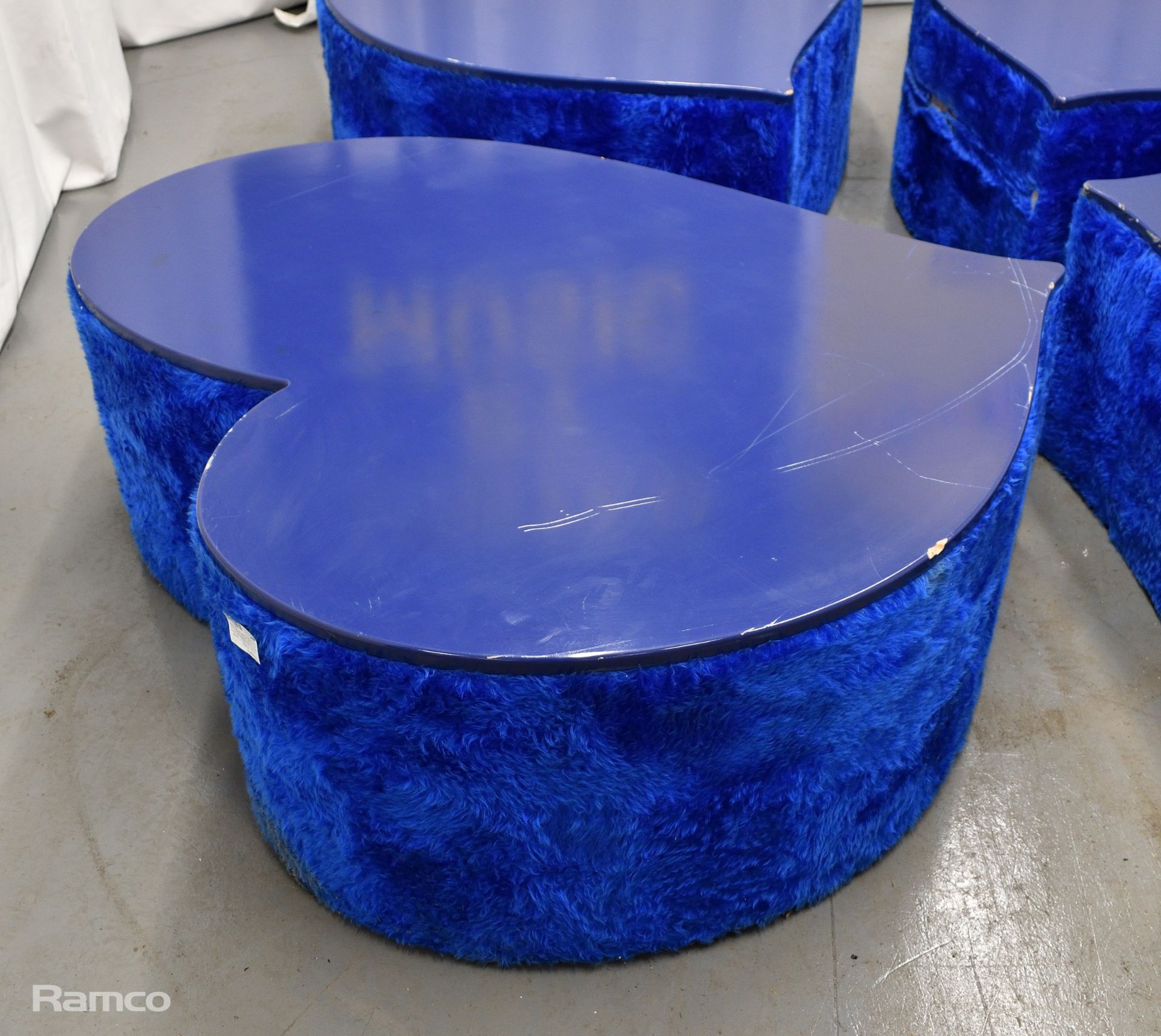 4x Asymmetrical heart shaped blue fur-covered wooden tables from countries' seating area - Image 3 of 18