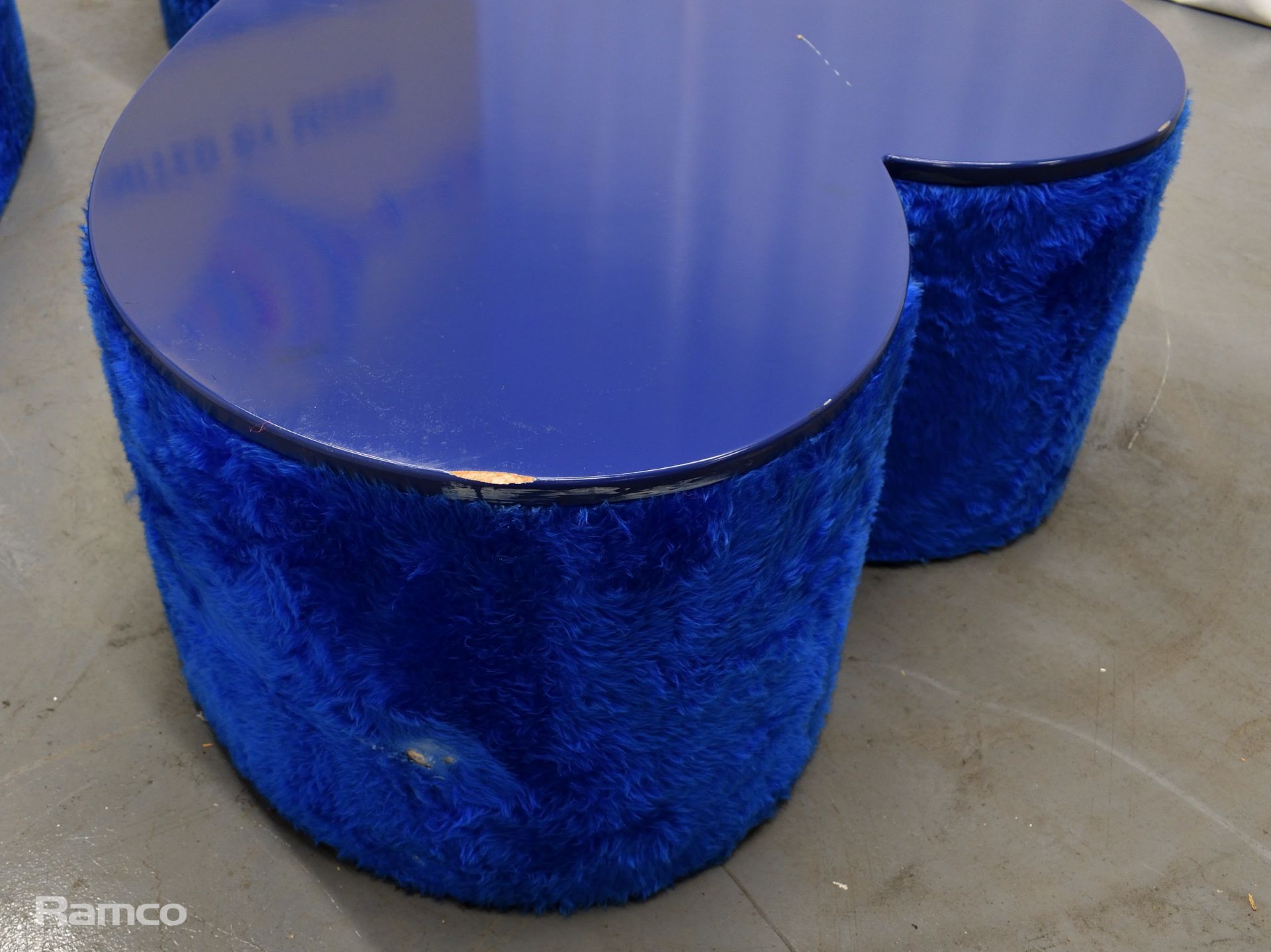 3x Asymmetrical heart shaped blue fur-covered wooden tables from countries' seating area - Image 3 of 14