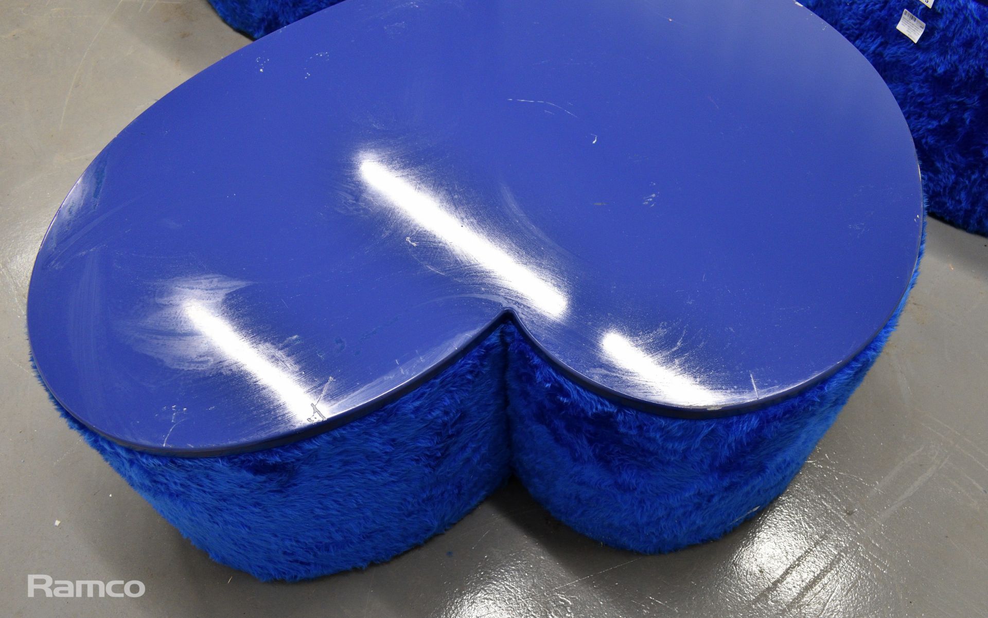 3x Asymmetrical heart shaped blue fur-covered wooden tables from countries' seating area - Image 8 of 14