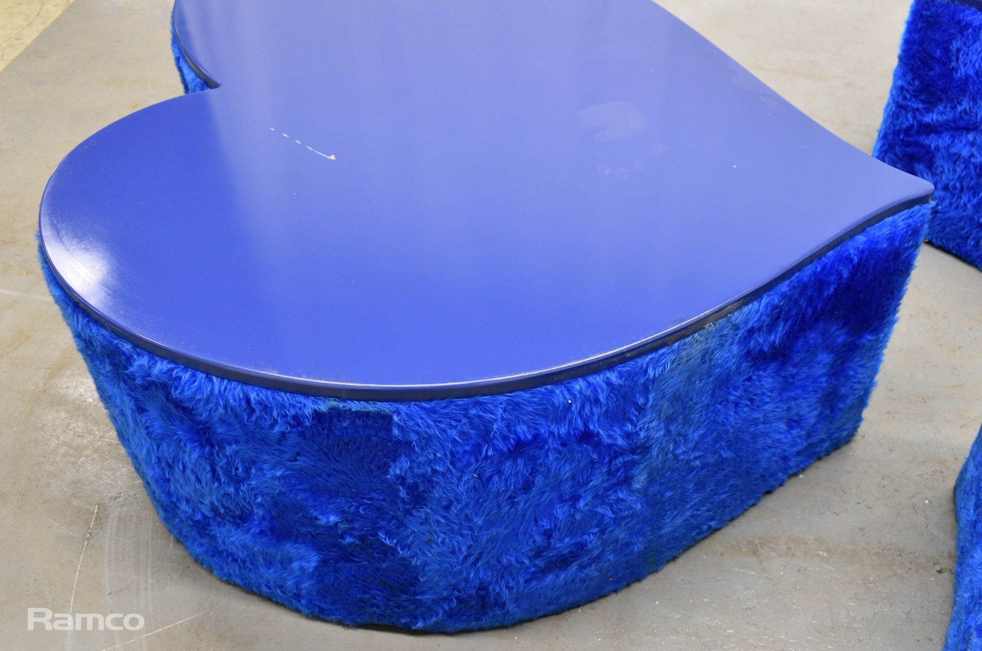 3x Asymmetrical heart shaped blue fur-covered wooden tables from countries' seating area - Image 6 of 14