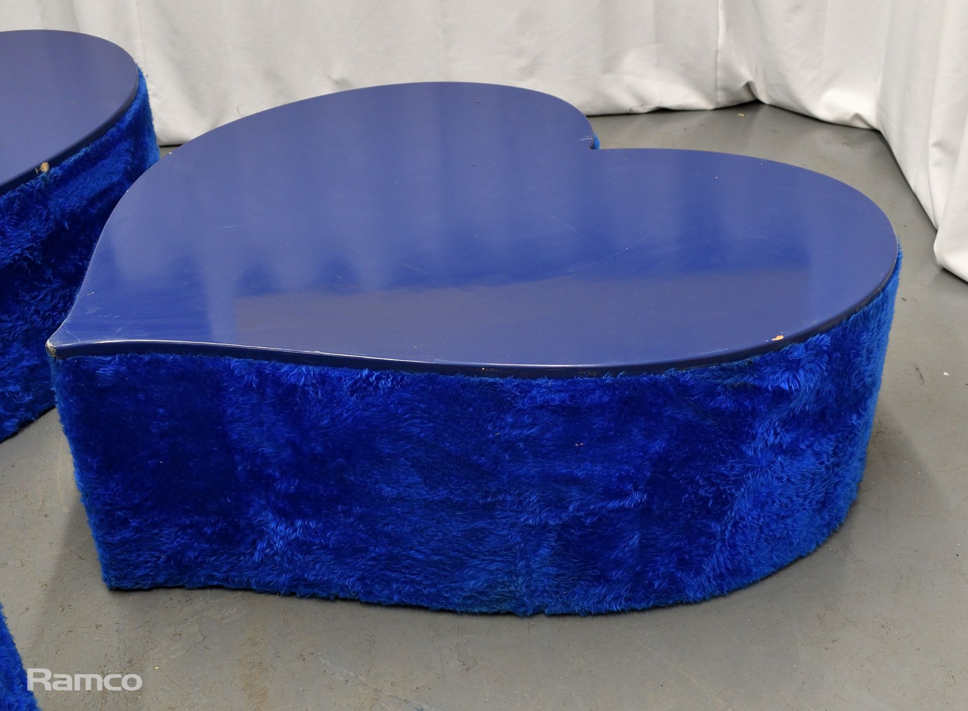 3x Asymmetrical heart shaped blue fur-covered wooden tables from countries' seating area - Image 9 of 13
