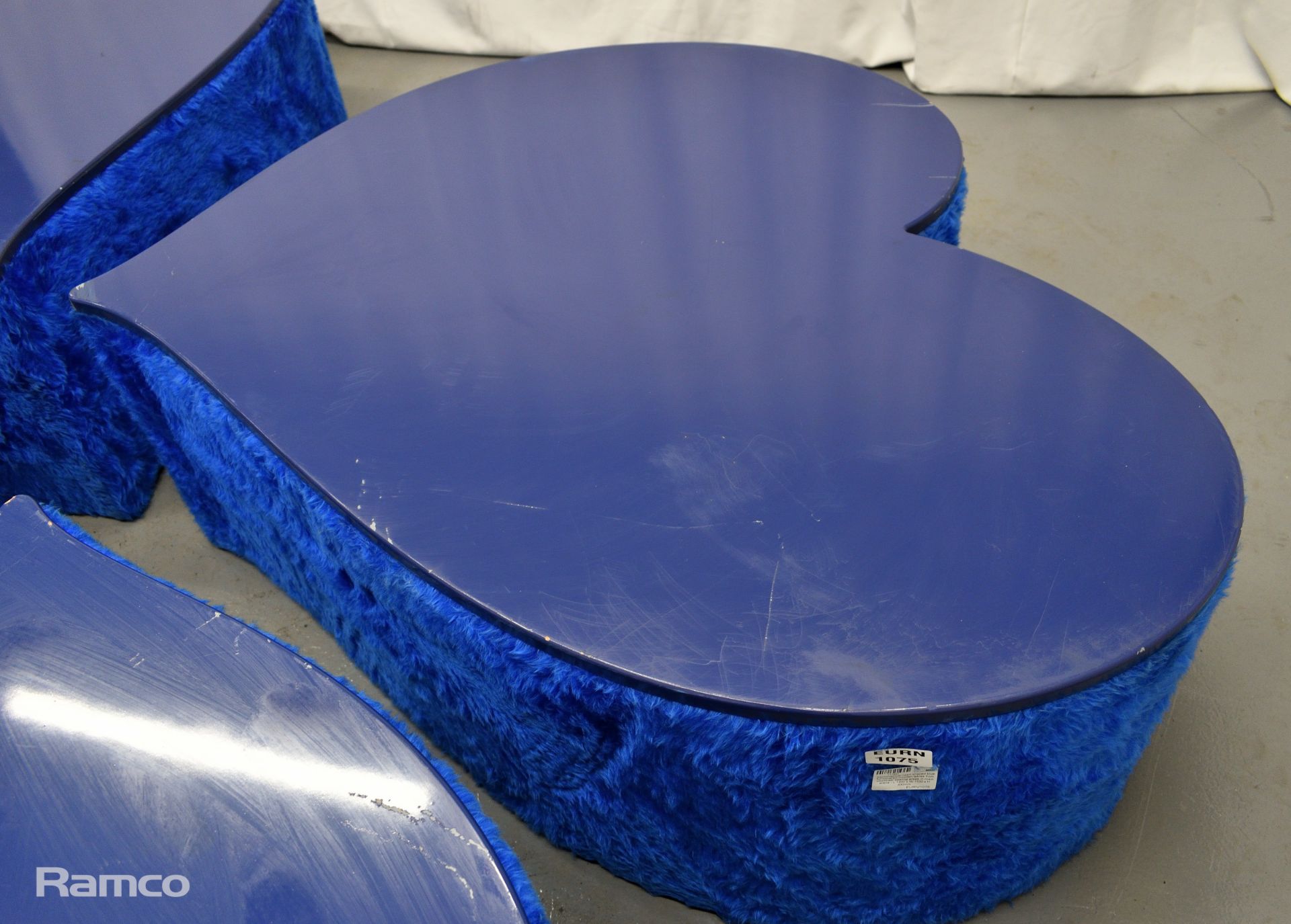 4x Asymmetrical heart shaped blue fur-covered wooden tables from countries' seating area - Image 13 of 16