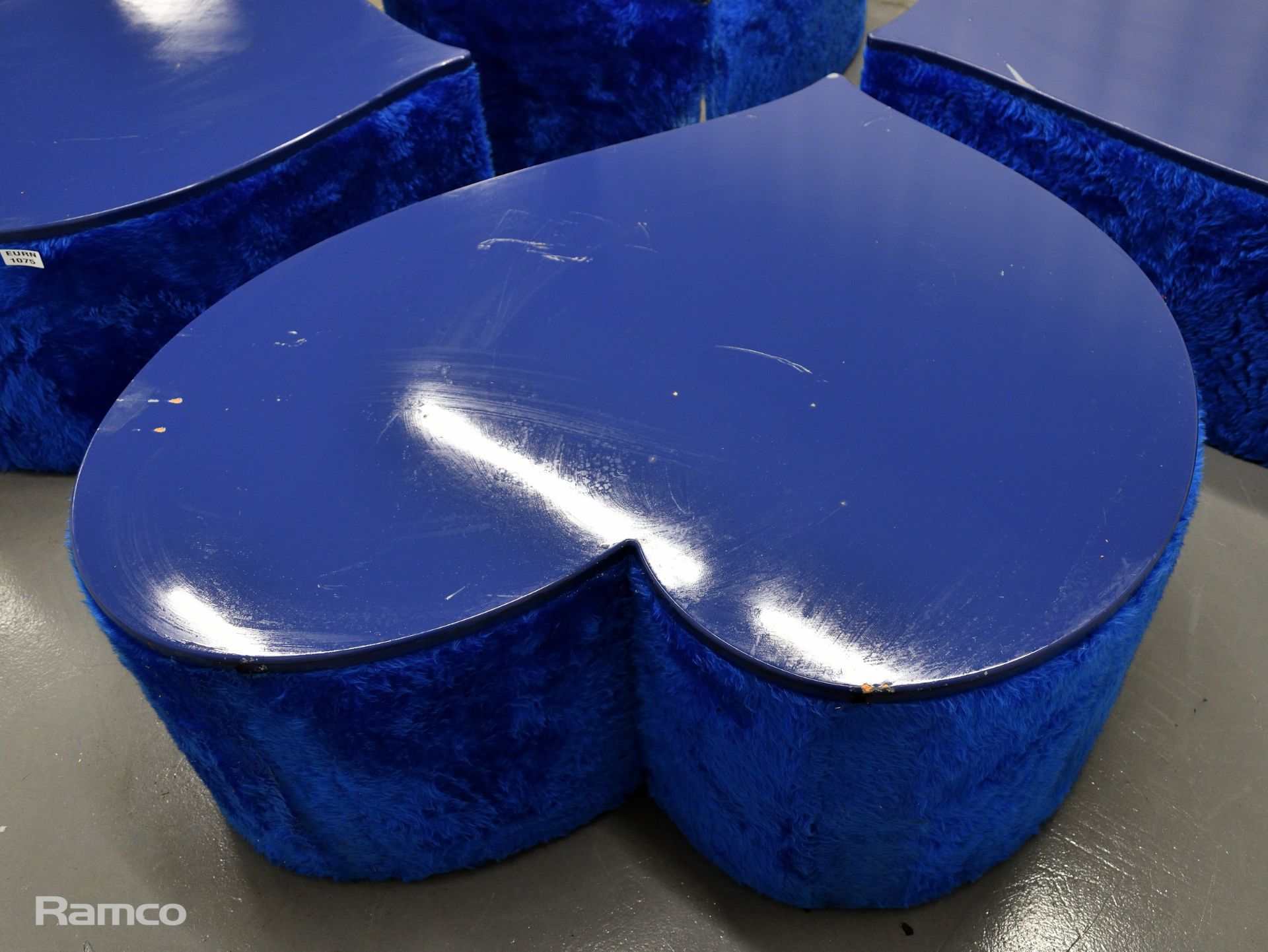 4x Asymmetrical heart shaped blue fur-covered wooden tables from countries' seating area - Image 13 of 18