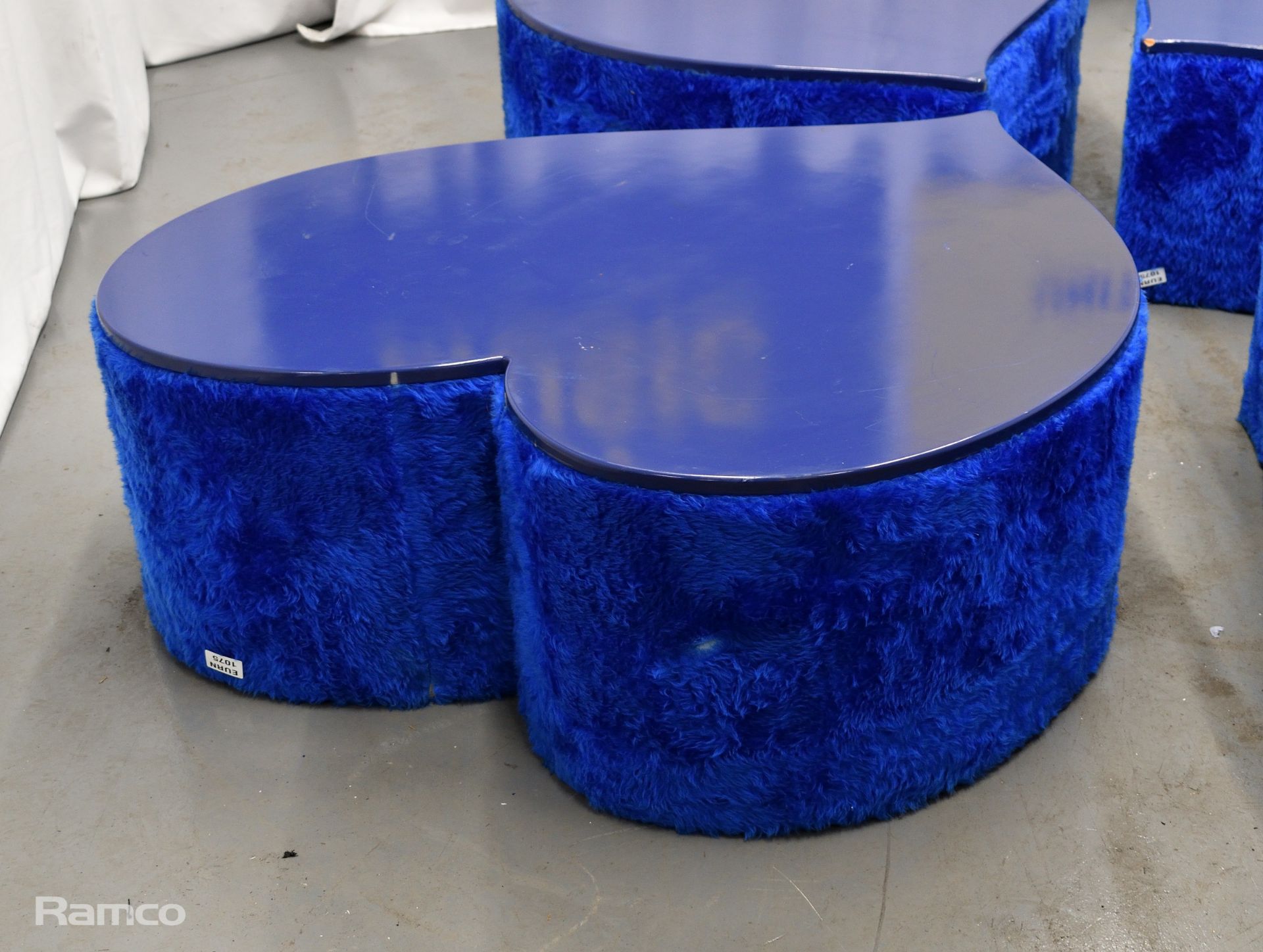 4x Asymmetrical heart shaped blue fur-covered wooden tables from countries' seating area - Image 2 of 16