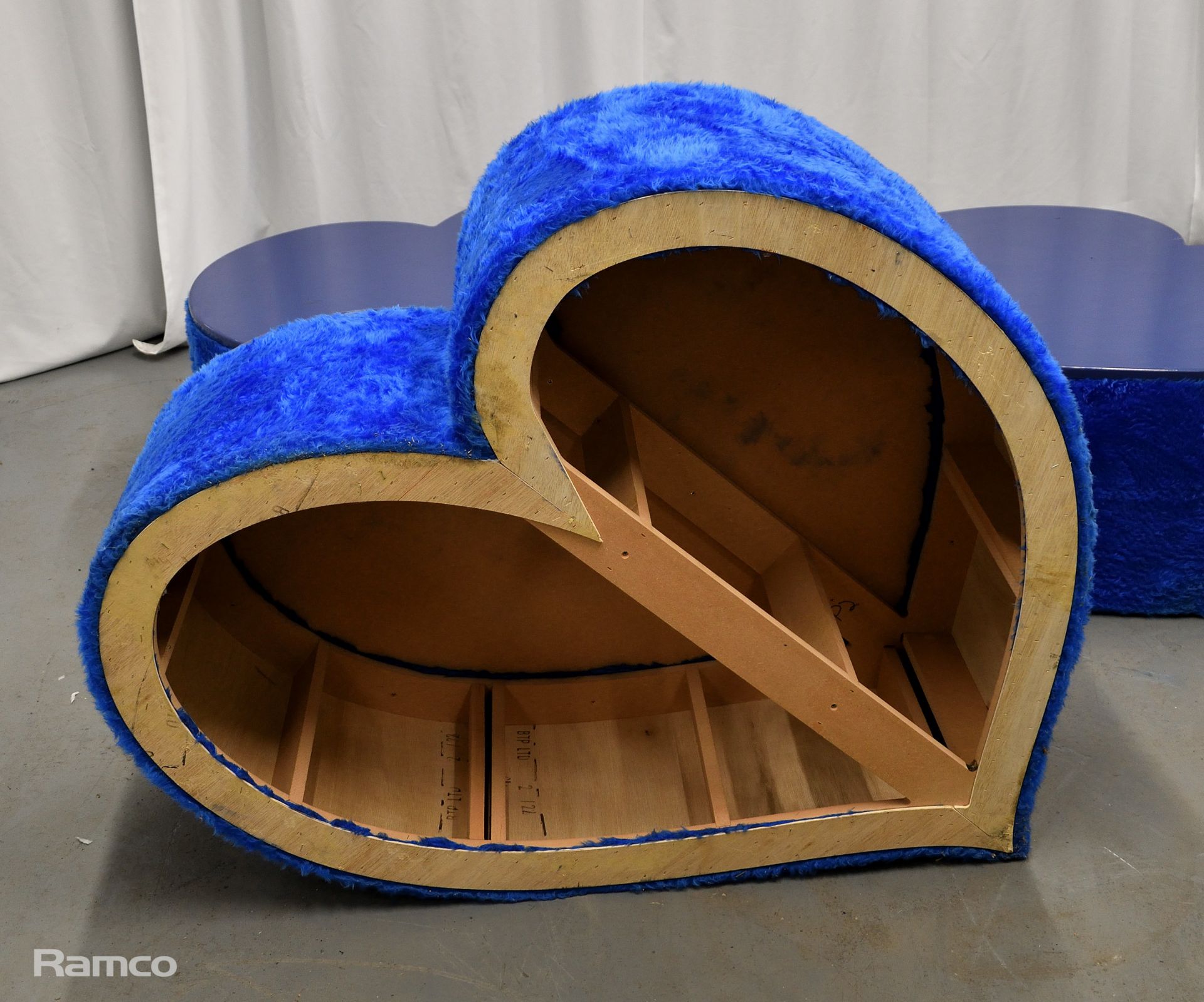 3x Asymmetrical heart shaped blue fur-covered wooden tables from countries' seating area - Image 13 of 13