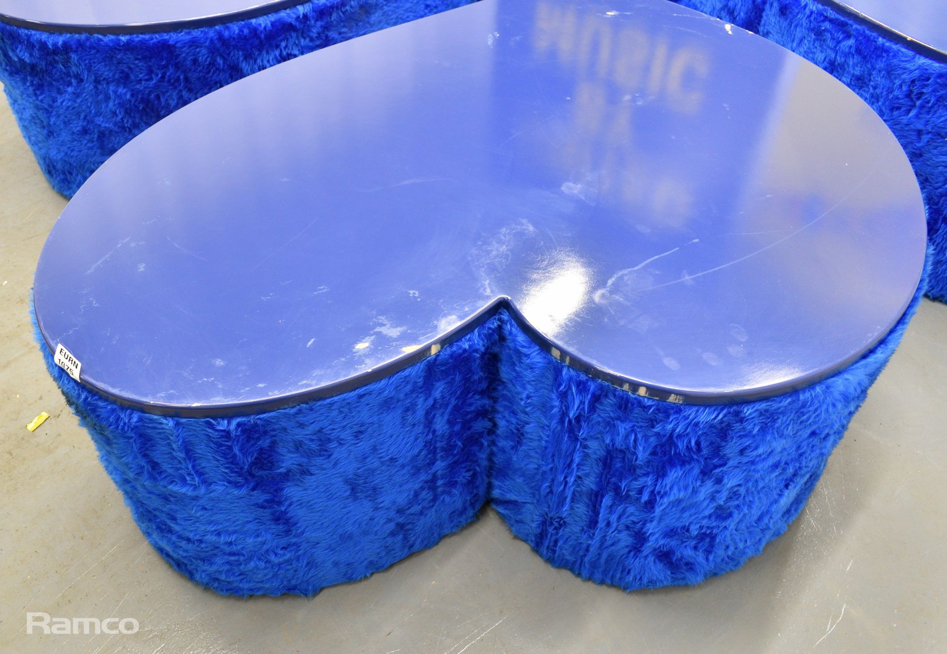 4x Asymmetrical heart shaped blue fur-covered wooden tables from countries' seating area - Image 7 of 16