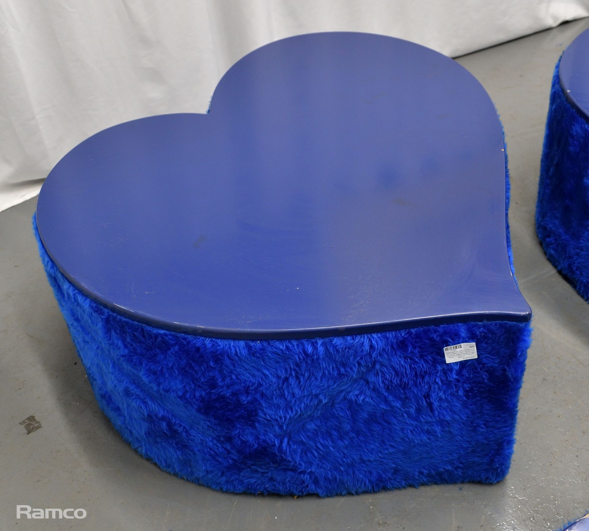 3x Asymmetrical heart shaped blue fur-covered wooden tables from countries' seating area - Image 6 of 13