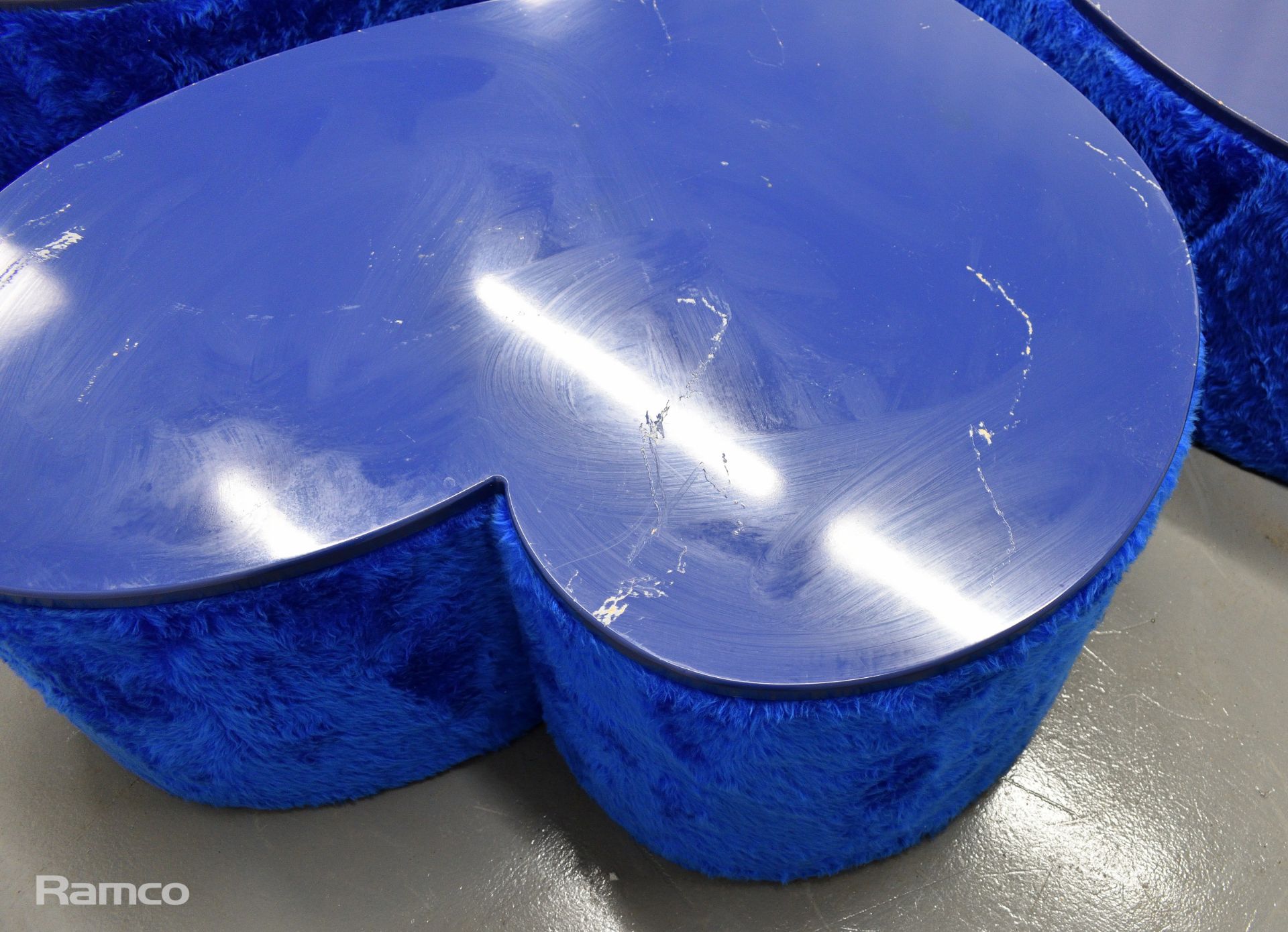 4x Asymmetrical heart shaped blue fur-covered wooden tables from countries' seating area - Image 11 of 16