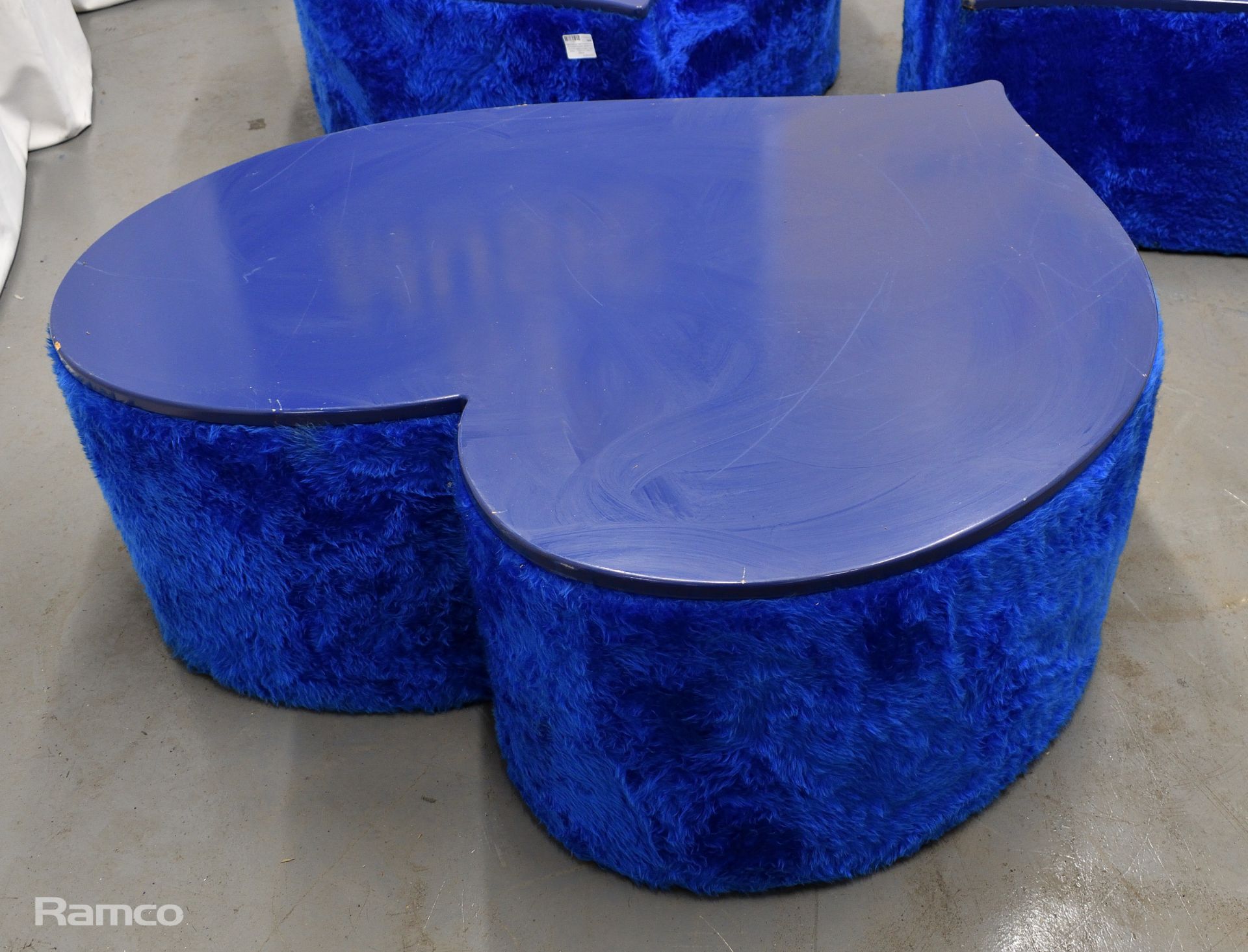 3x Asymmetrical heart shaped blue fur-covered wooden tables from countries' seating area - Image 2 of 13