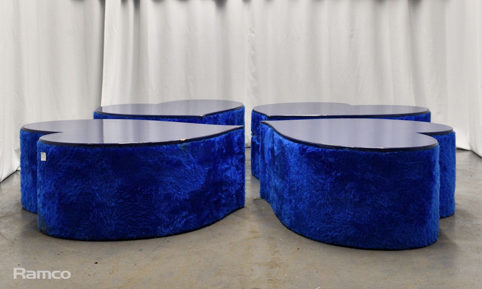 4x Asymmetrical heart shaped blue fur-covered wooden tables from countries' seating area - Image 2 of 18