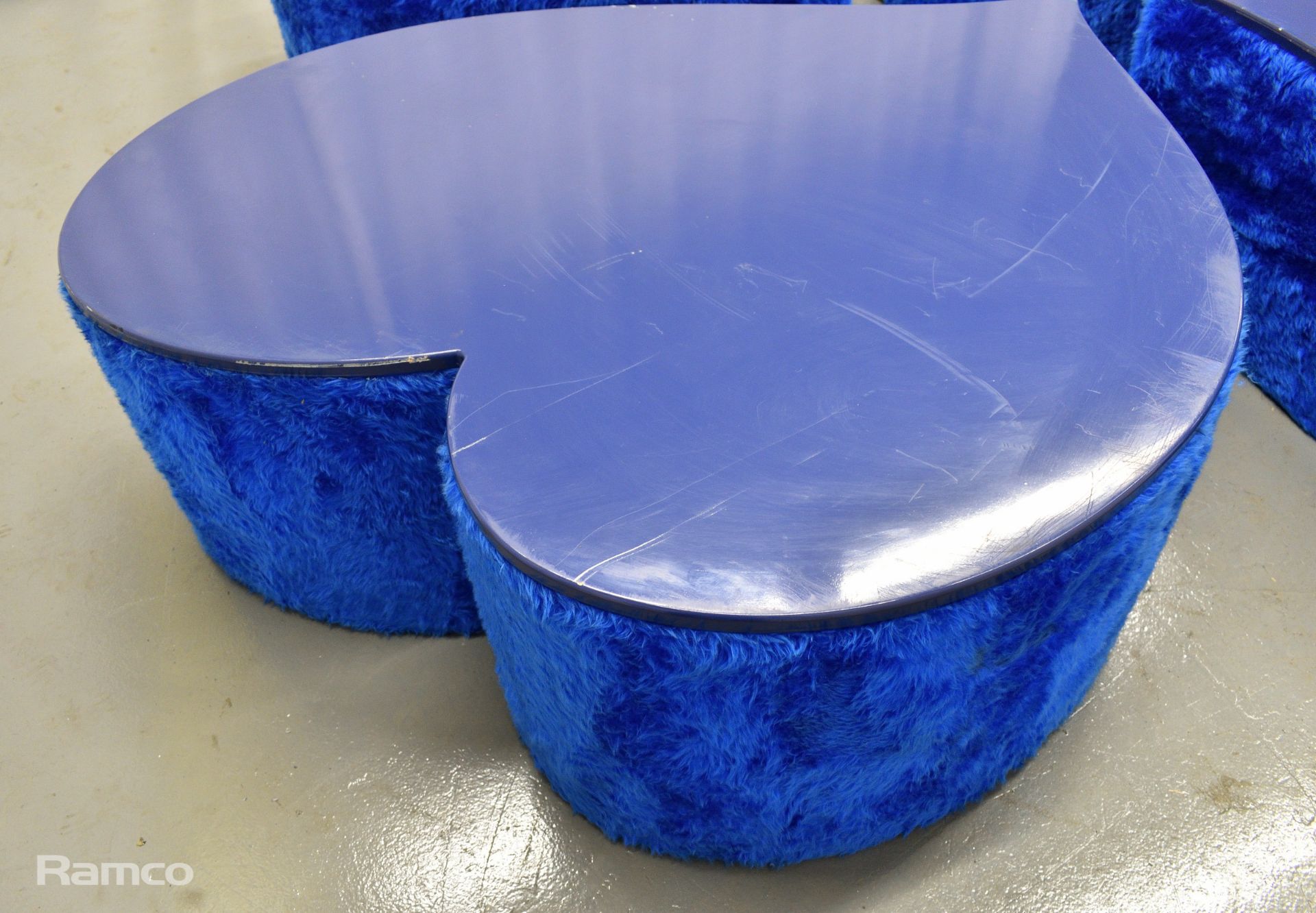 4x Asymmetrical heart shaped blue fur-covered wooden tables from countries' seating area - Image 14 of 16