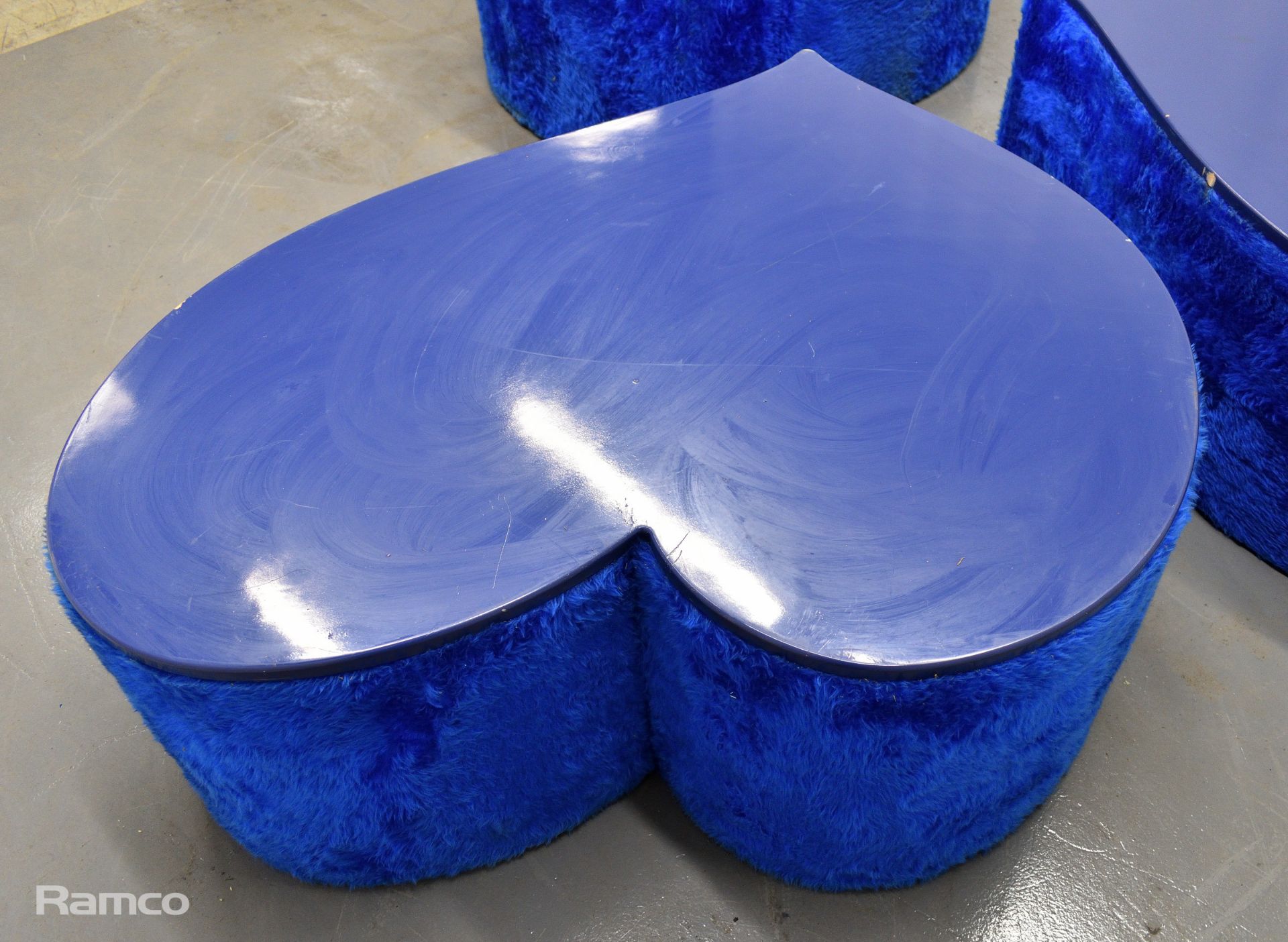 3x Asymmetrical heart shaped blue fur-covered wooden tables from countries' seating area - Image 11 of 13