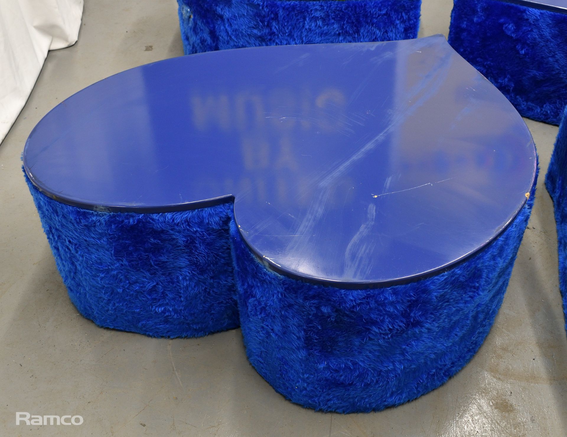 4x Asymmetrical heart shaped blue fur-covered wooden tables from countries' seating area - Image 2 of 18