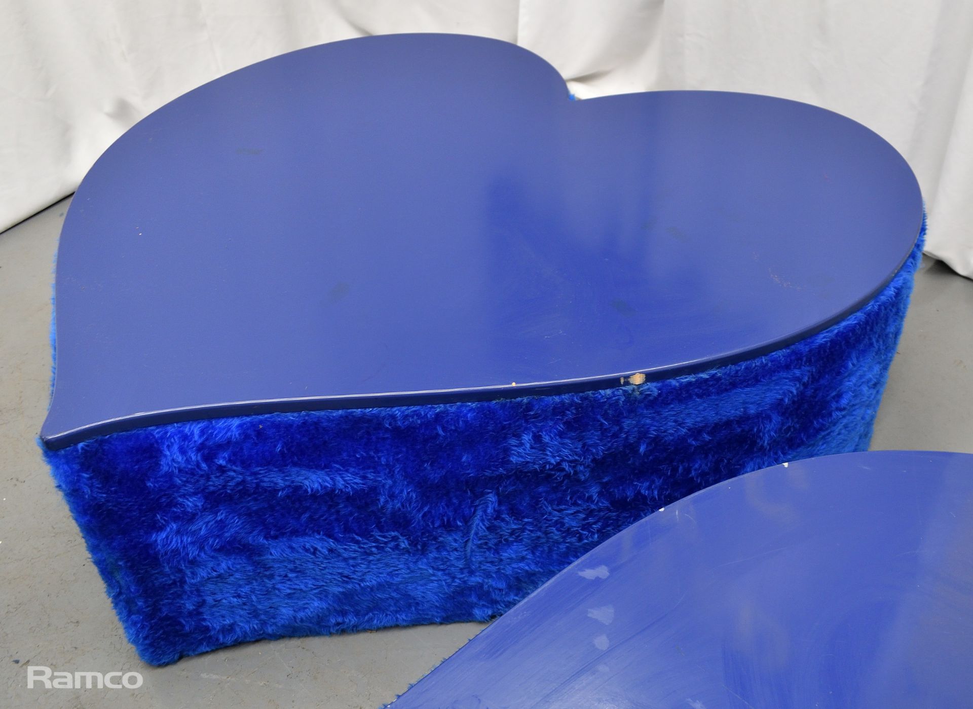 3x Asymmetrical heart shaped blue fur-covered wooden tables from countries' seating area - Image 7 of 13