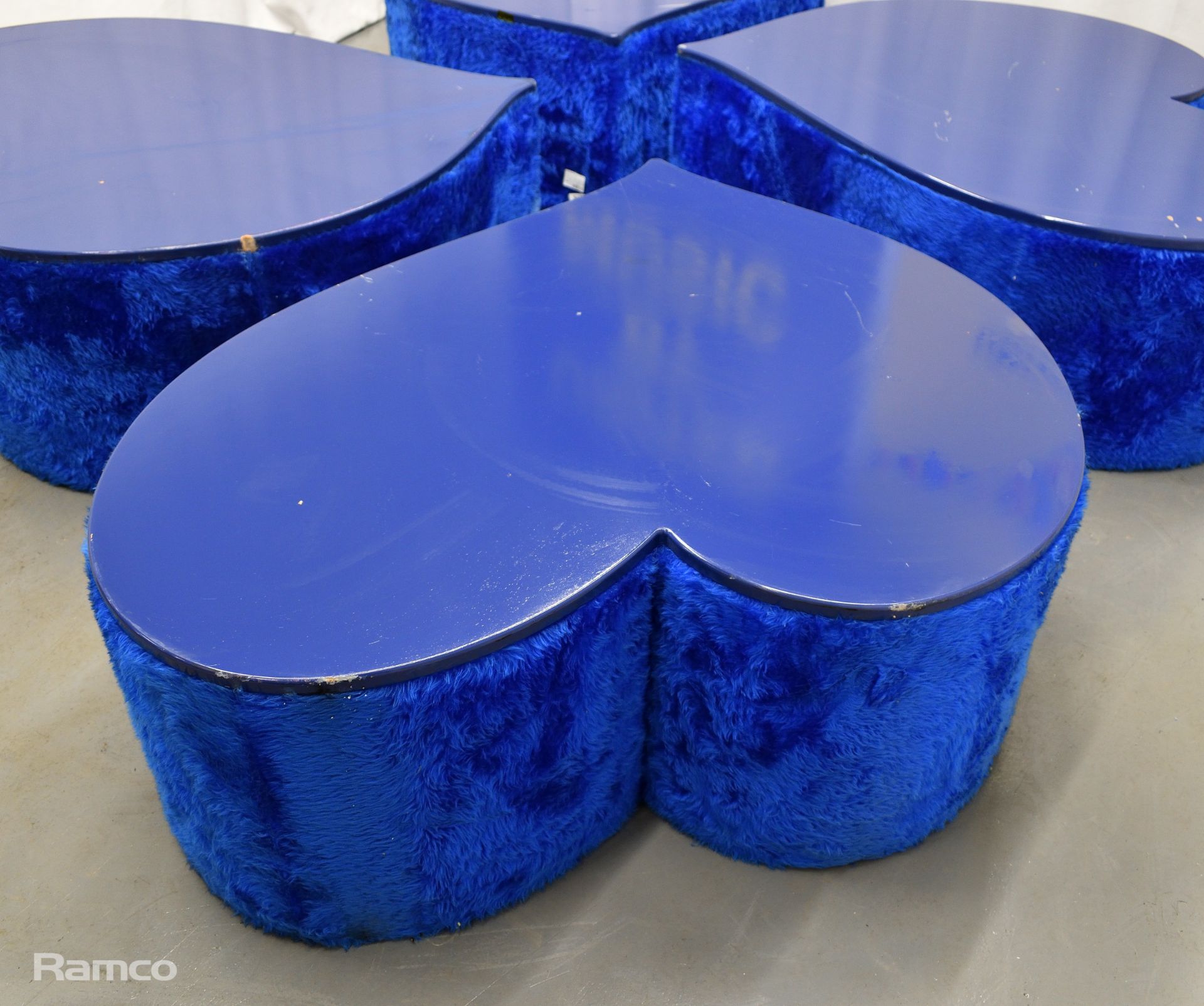 4x Asymmetrical heart shaped blue fur-covered wooden tables from countries' seating area - Image 16 of 18