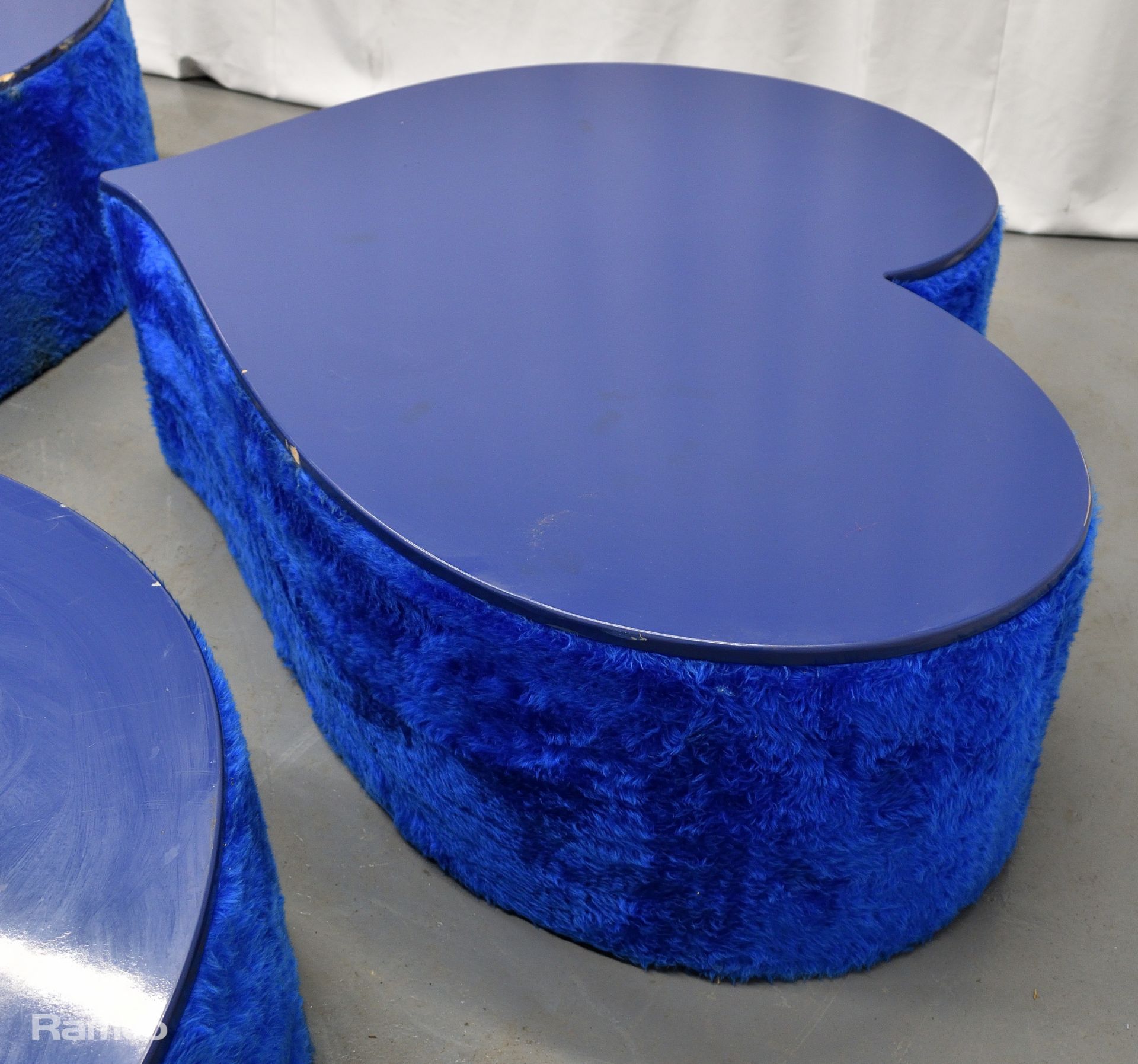 3x Asymmetrical heart shaped blue fur-covered wooden tables from countries' seating area - Image 8 of 13