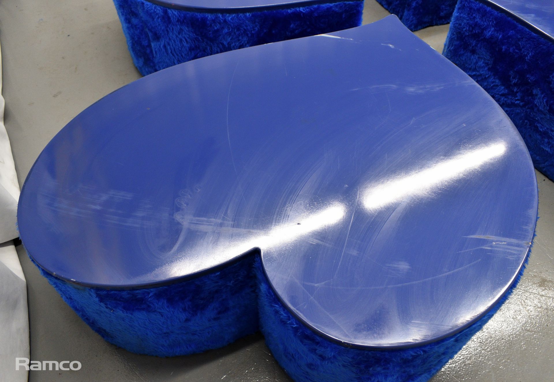 4x Asymmetrical heart shaped blue fur-covered wooden tables from countries' seating area - Image 10 of 18