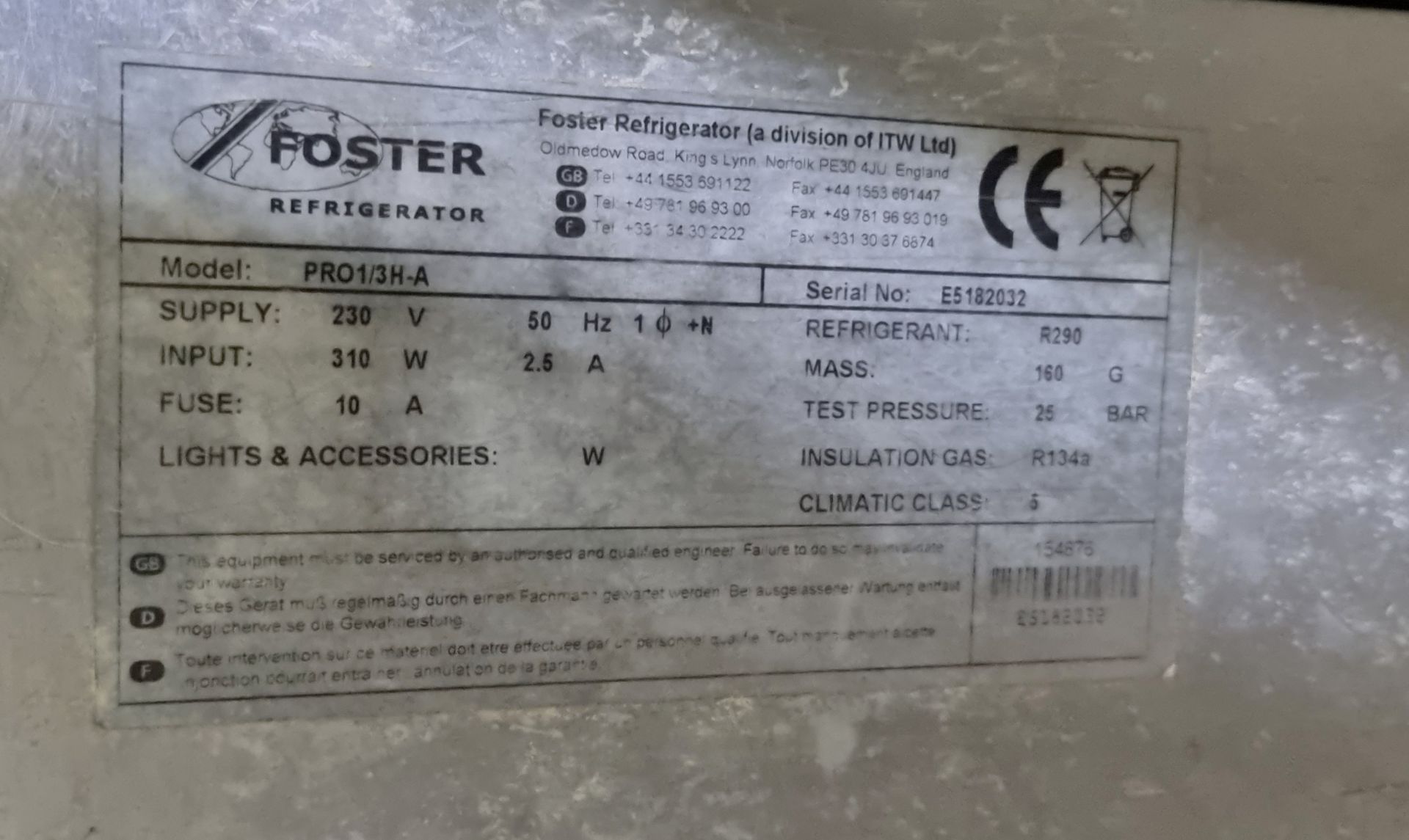 Foster PRO 1/3H-A stainless steel triple door counter fridge - SPARES OR REPAIRS - W 1865 x D 705mm - Image 7 of 9