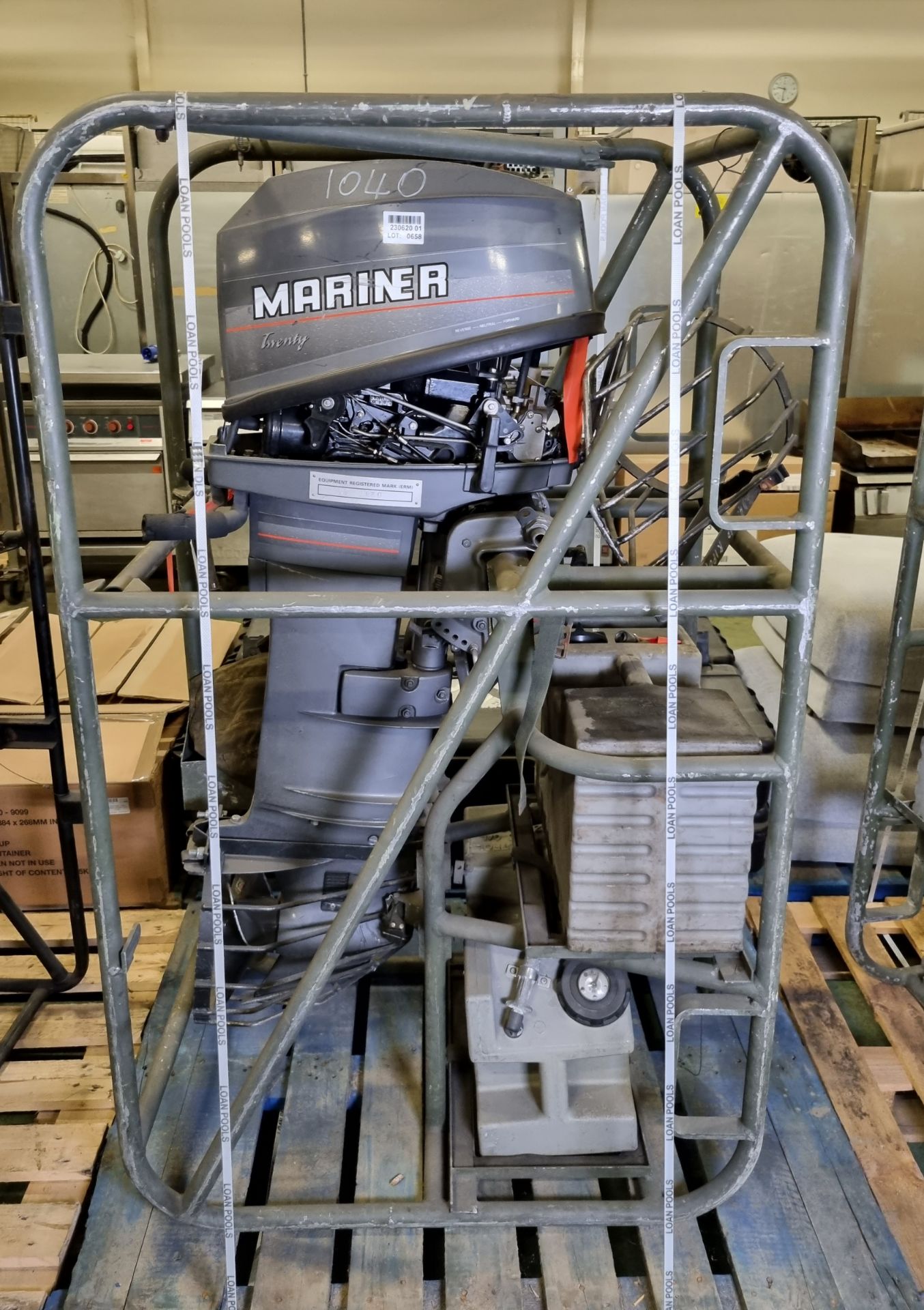 Mariner 20 - 20Hp Outboard motor Serial no OD01584 in travel cage with Barrus 5L fuel tank